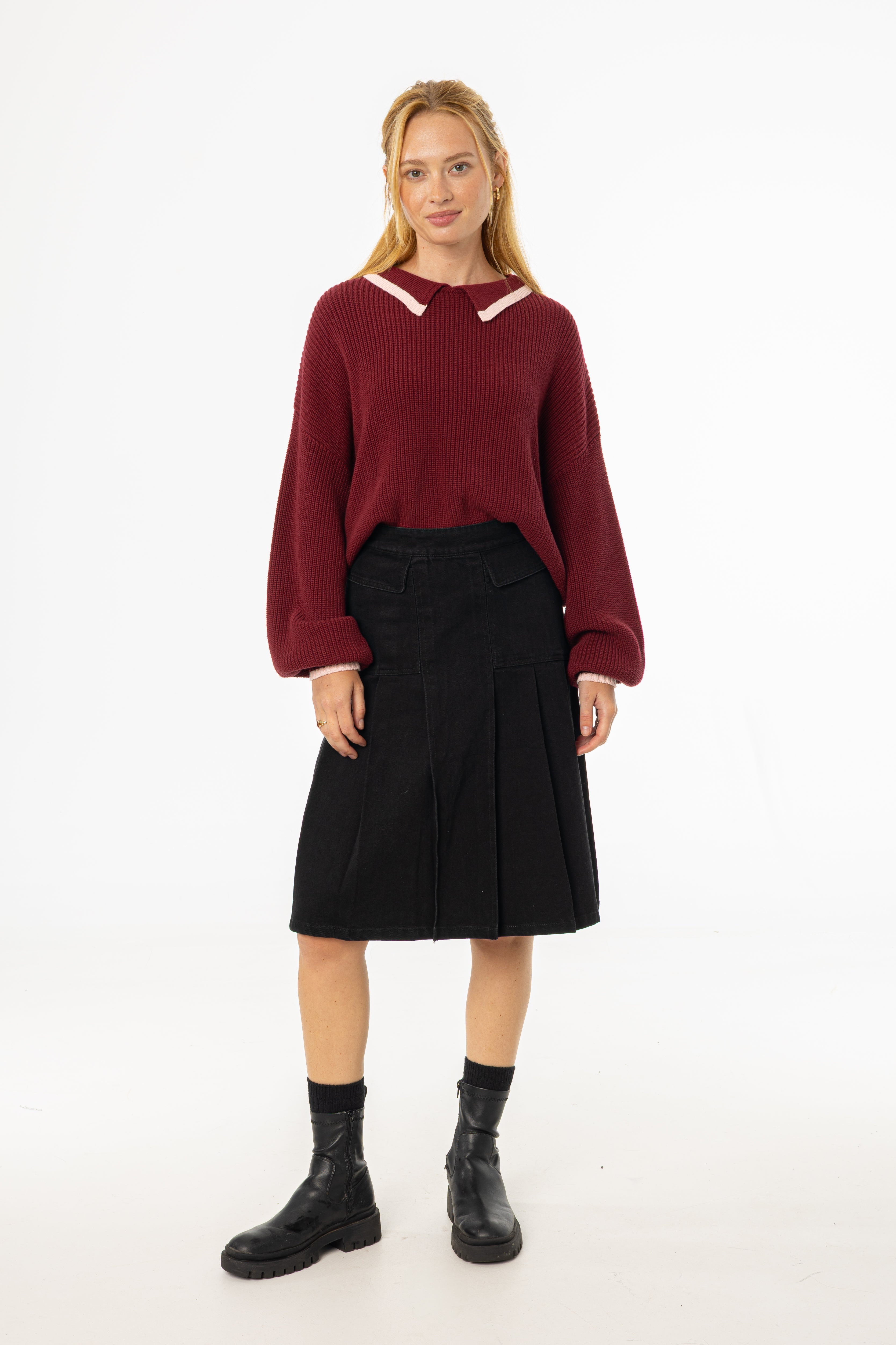 Black Half Pleat Cargo Denim Skirt