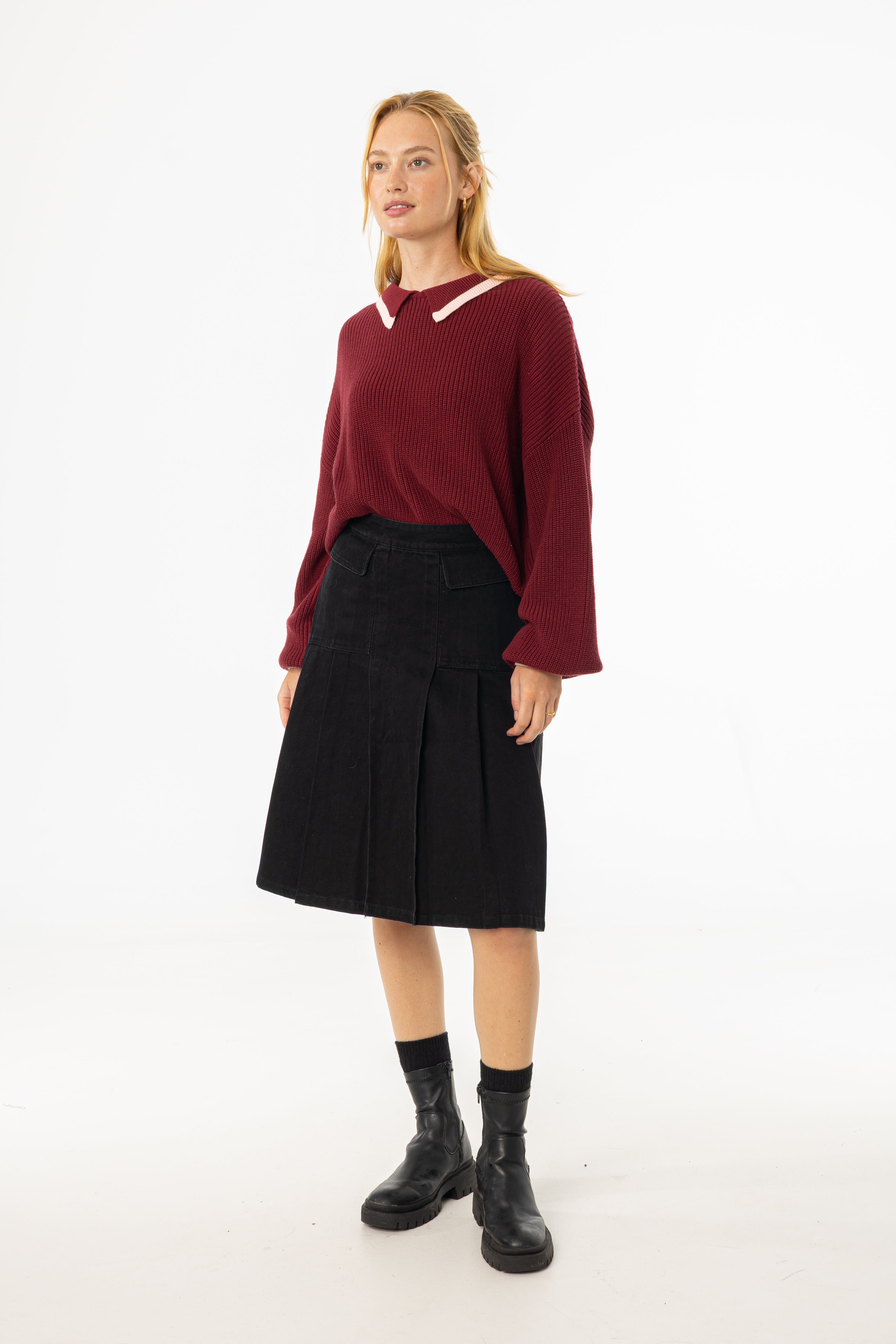 Black Half Pleat Cargo Denim Skirt