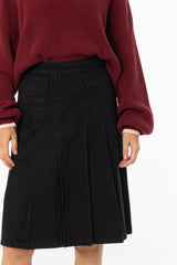 Black Half Pleat Cargo Denim Skirt