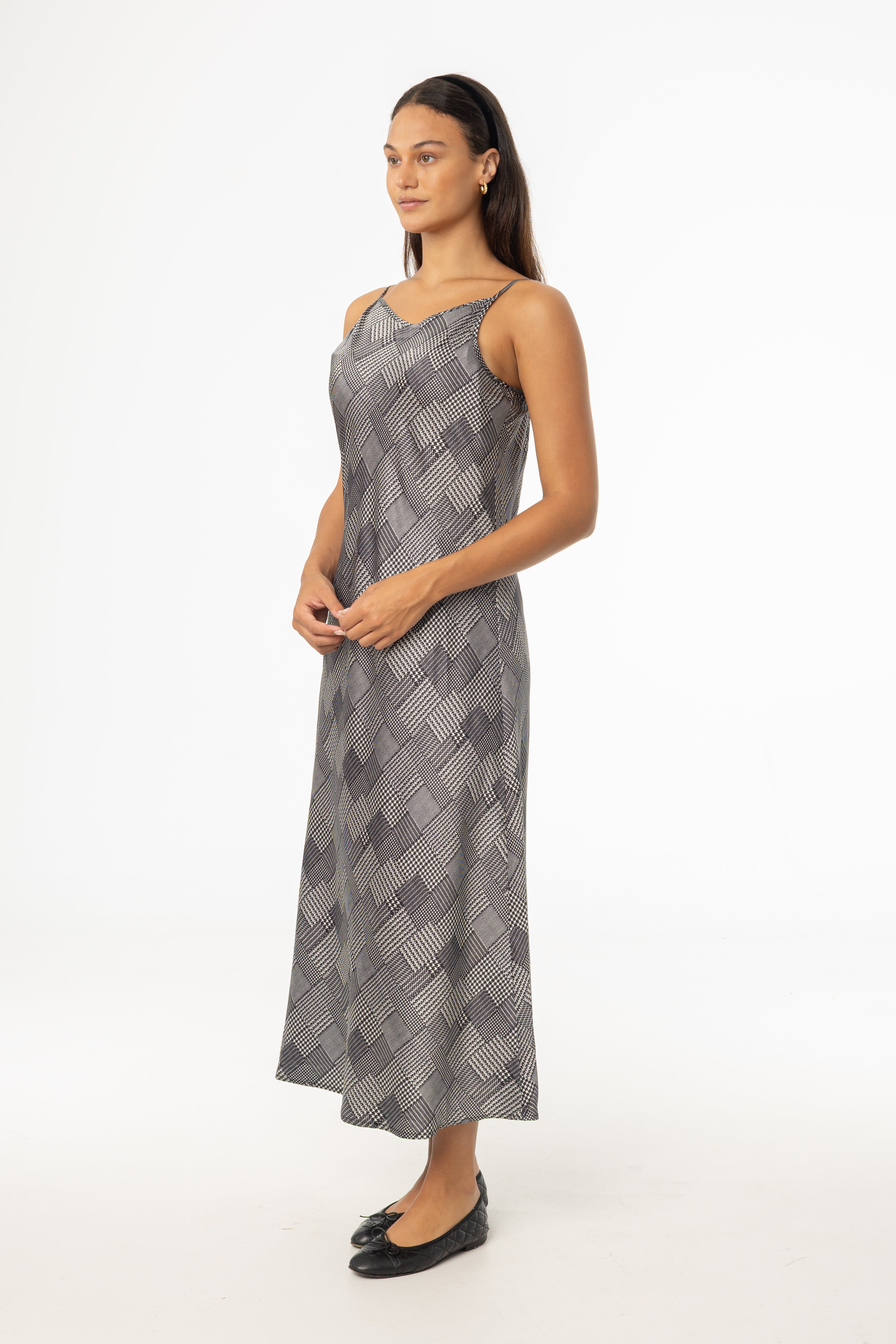 Black Houndstooth Printed Slip Dress