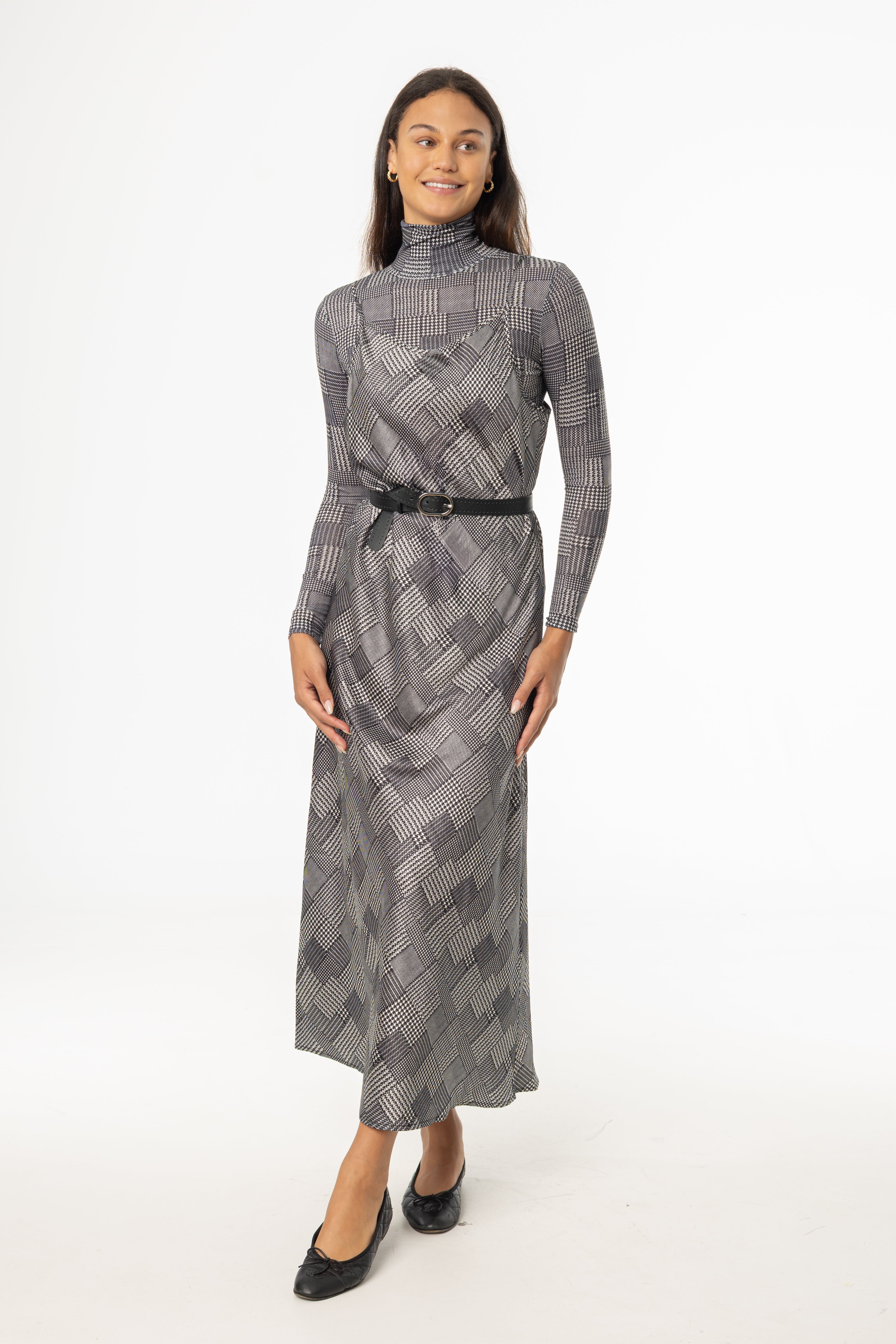 Black Houndstooth Printed Slip Dress