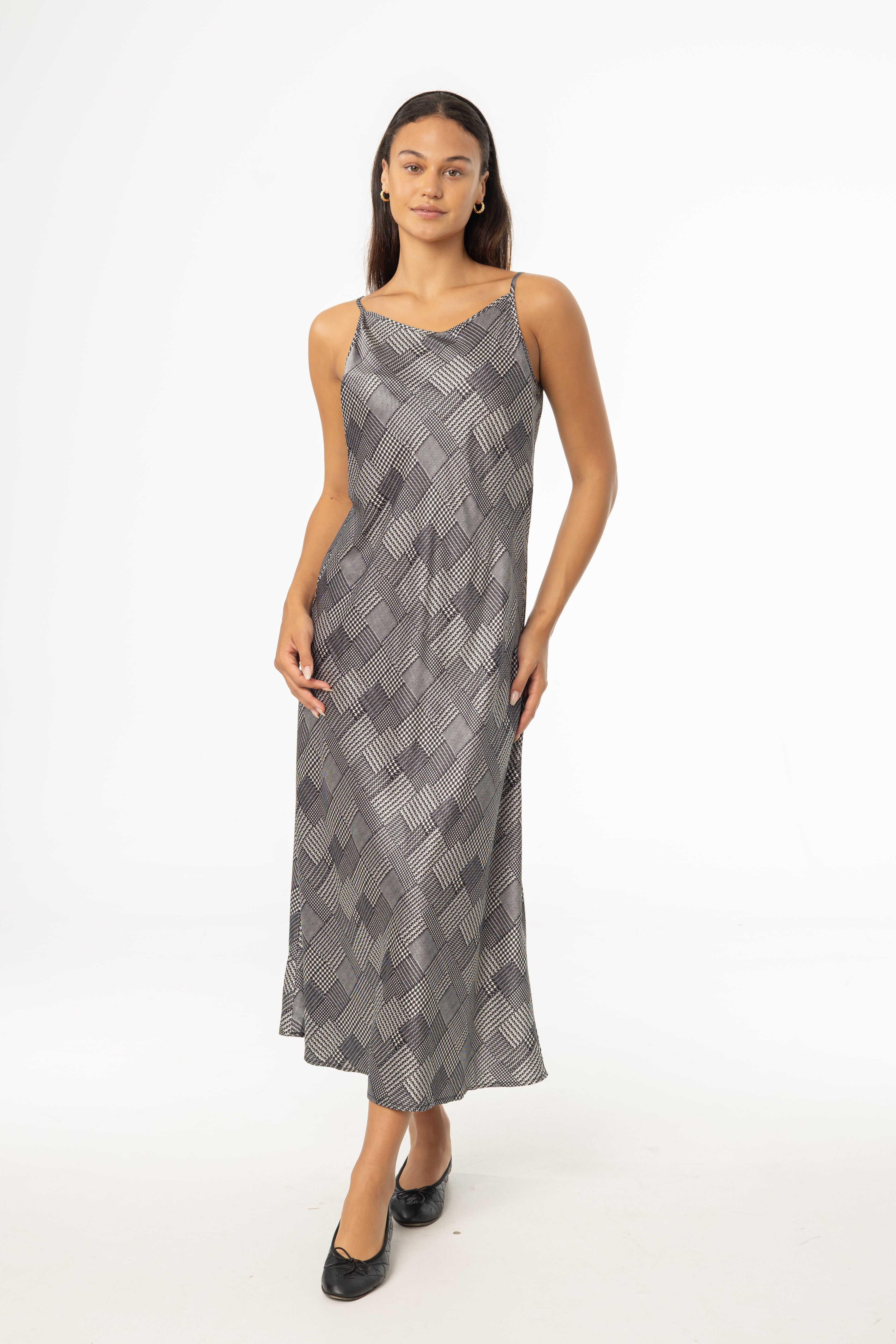 Black Houndstooth Printed Slip Dress