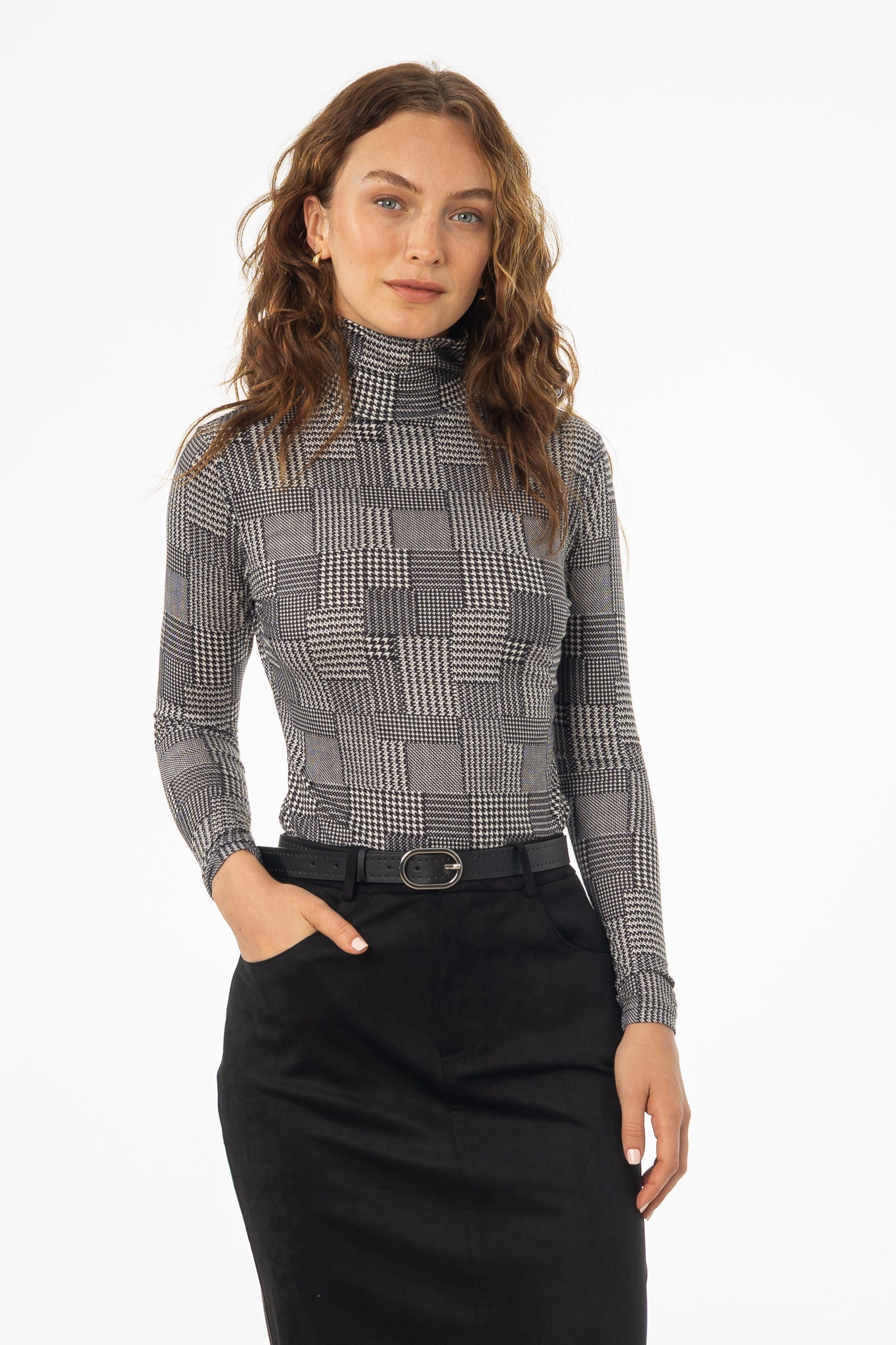 Black Houndstooth Printed Turtleneck Top