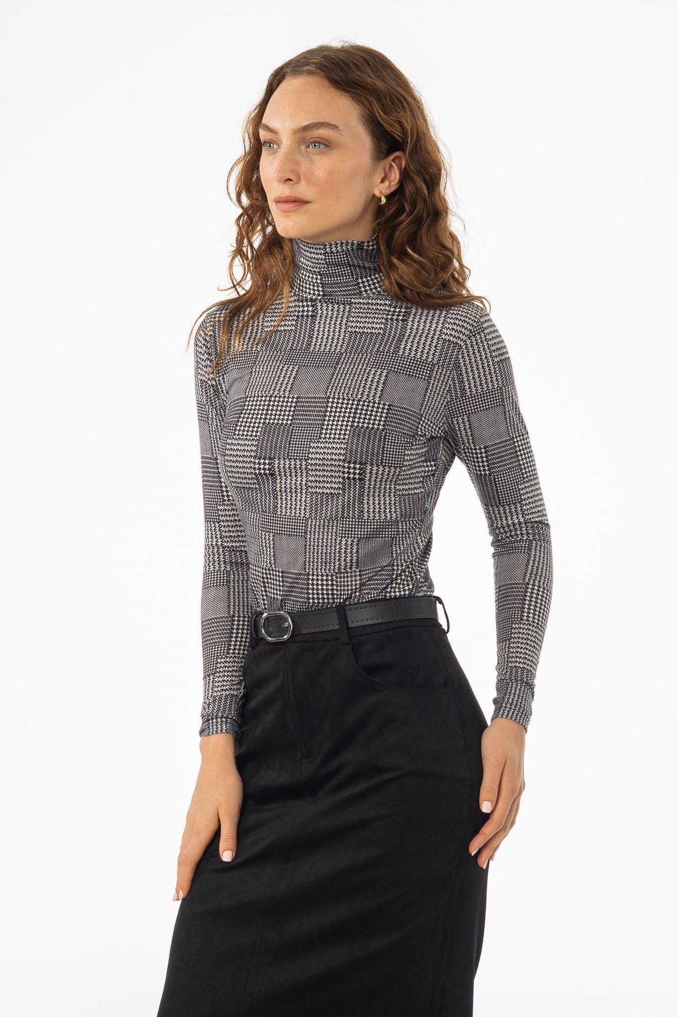 Black Houndstooth Printed Turtleneck Top
