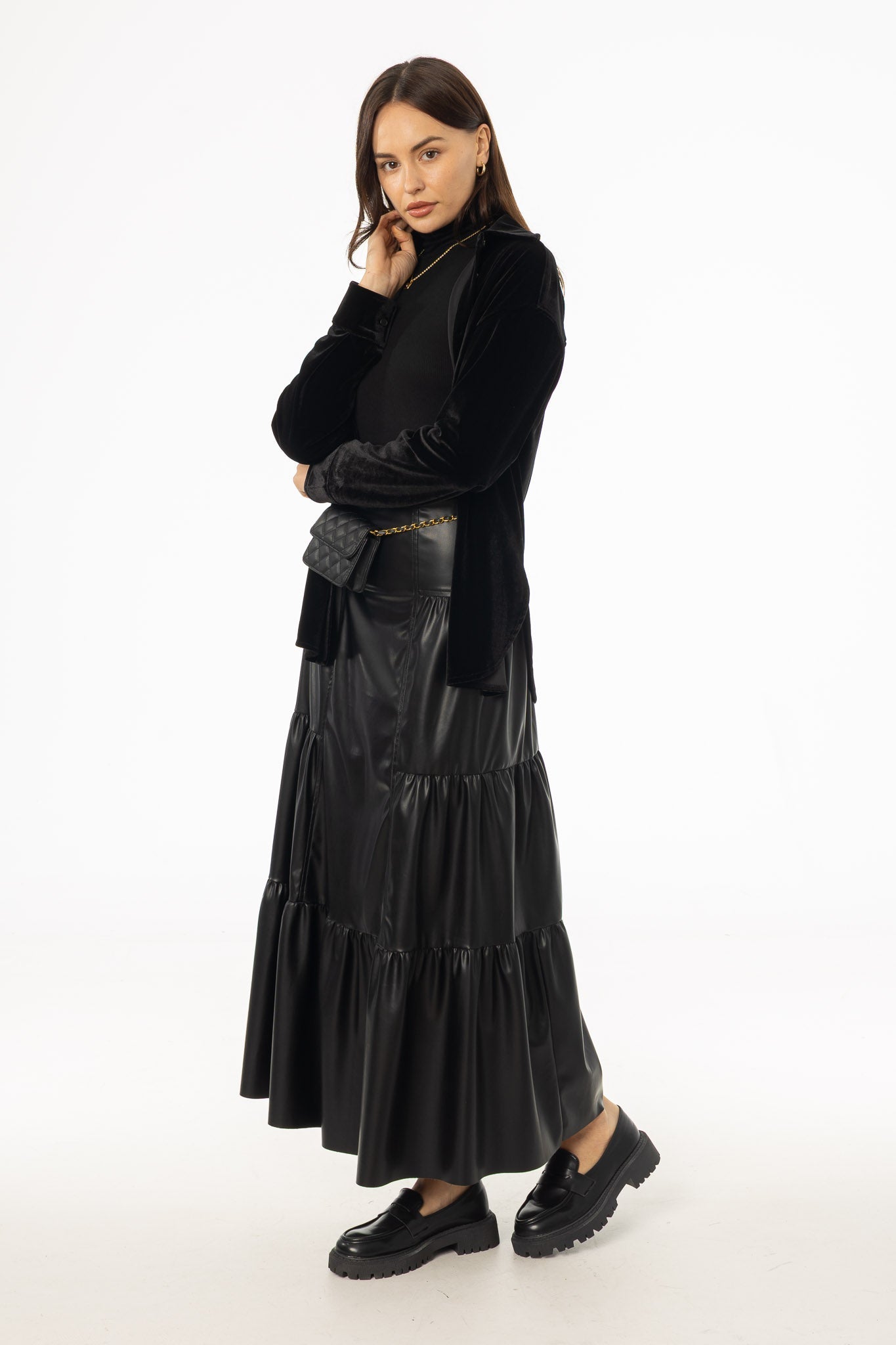 Black Layered Faux Leather Skirt