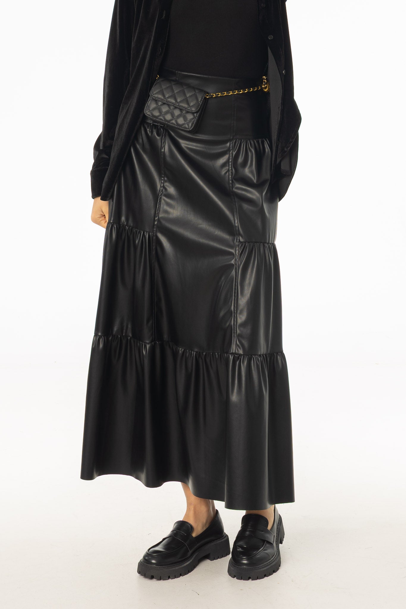 Black Layered Faux Leather Skirt
