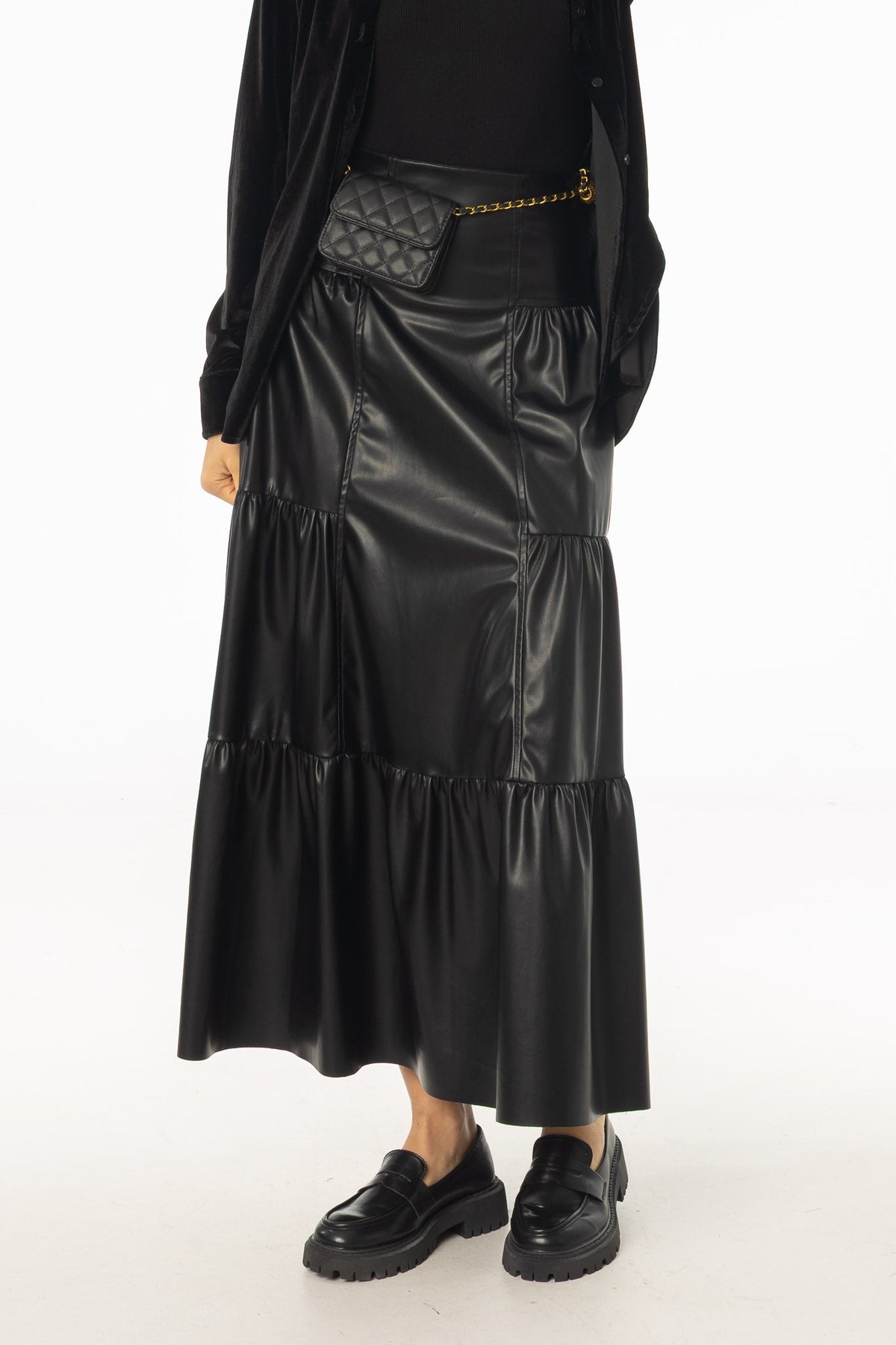 Black Layered Faux Leather Skirt
