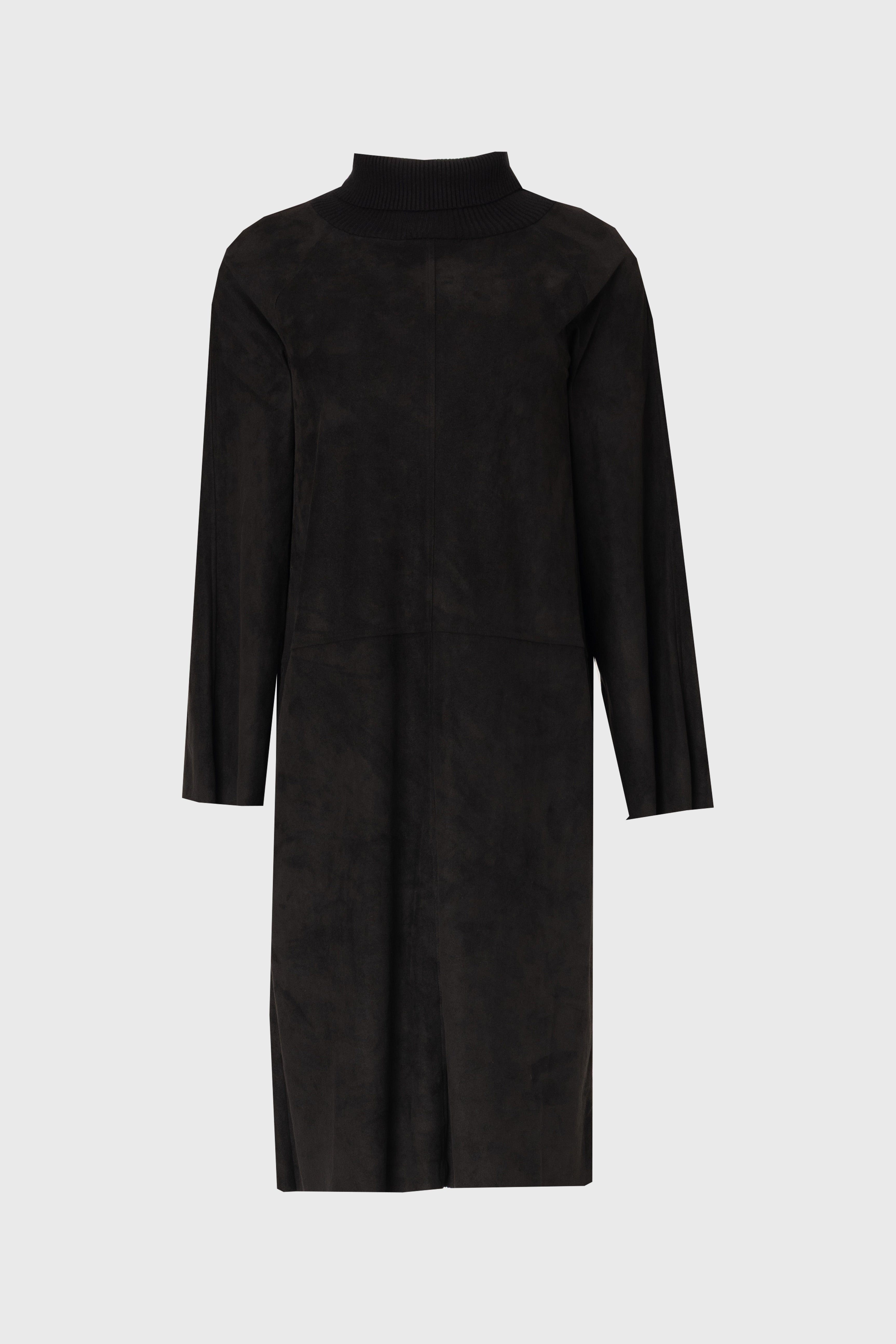Black Ribbed Turtleneck Microsuede Dress