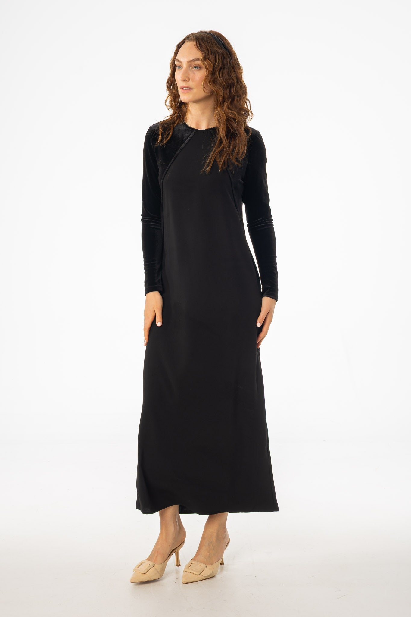 Black Mixed Fabric Maxi Dress