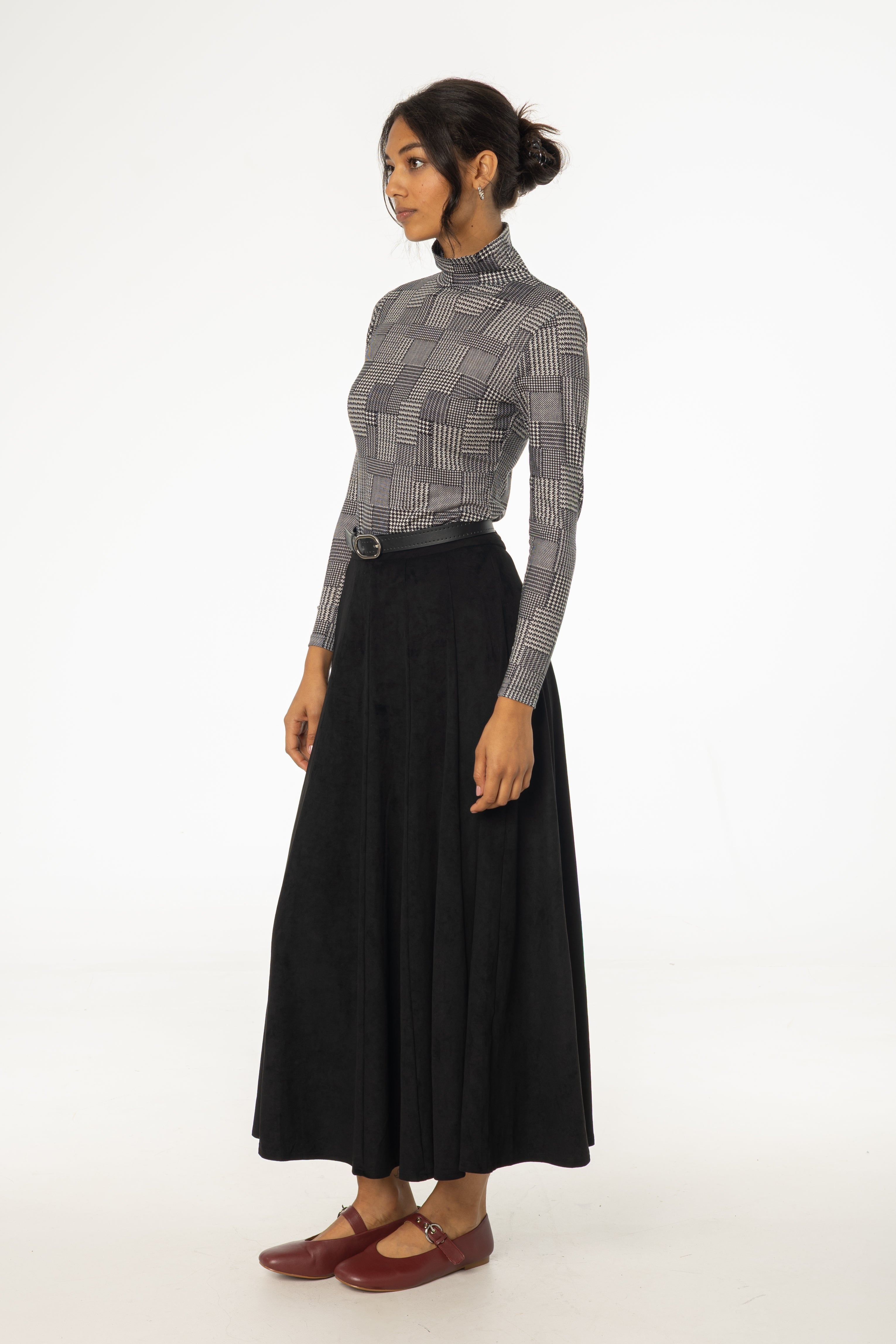 Black Paneled Microsuede Skirt