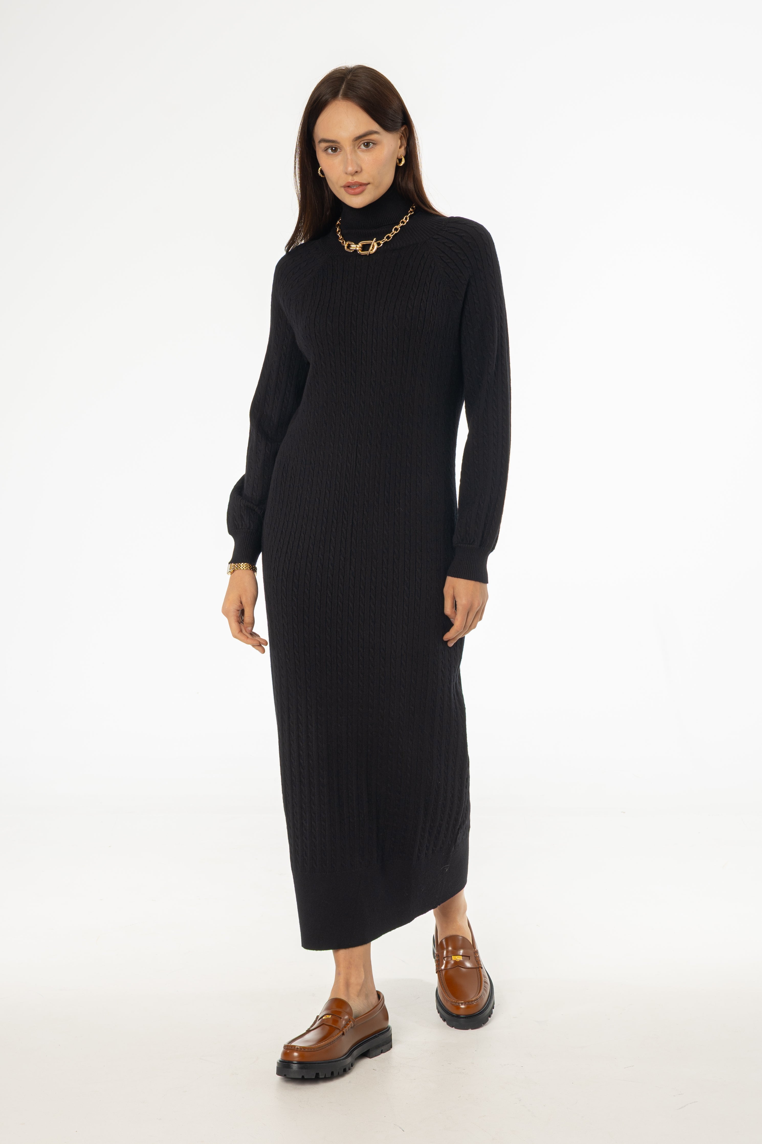 Black Turtleneck Cable Knit Maxi Dress