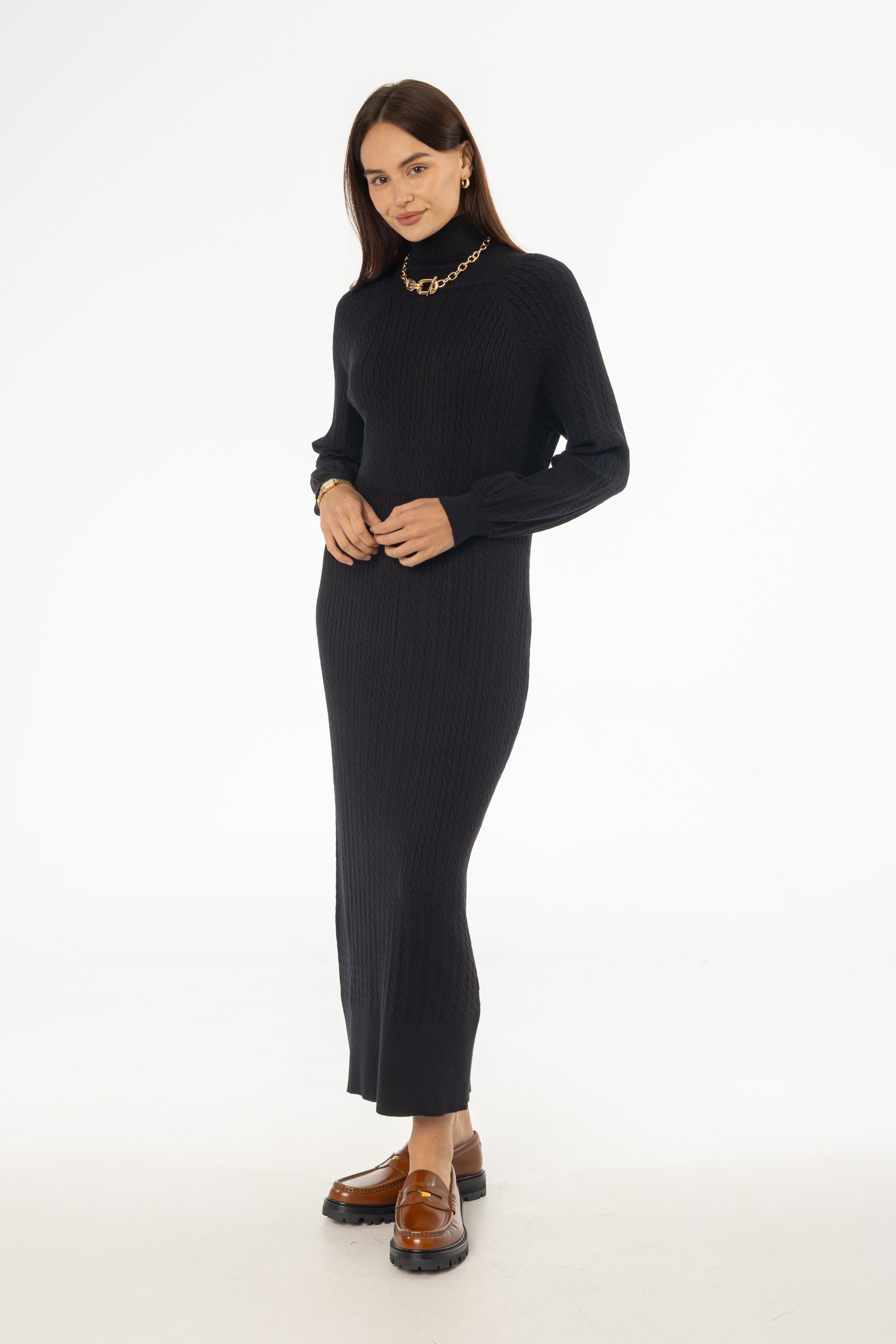 Black Turtleneck Cable Knit Maxi Dress