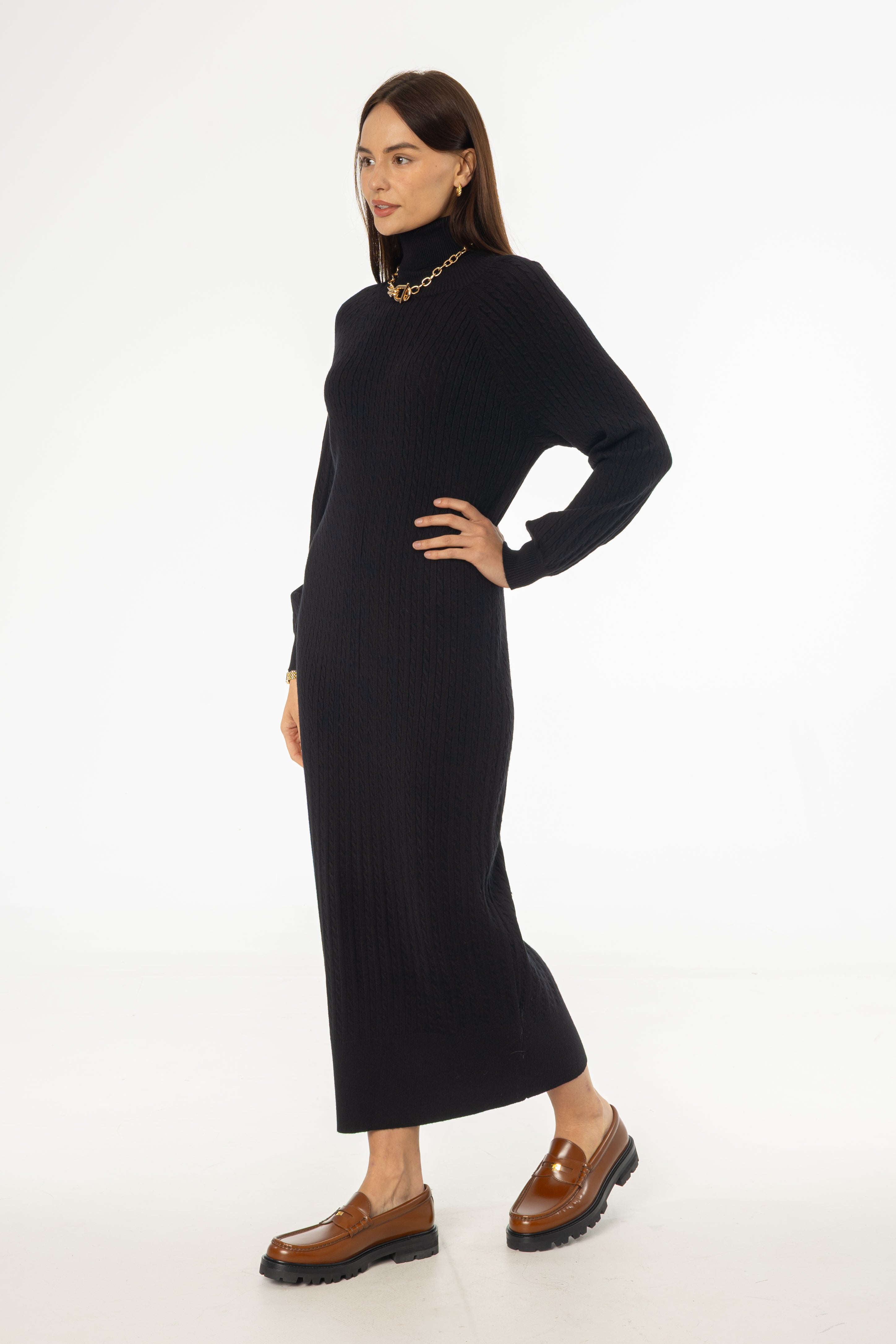 Black Turtleneck Cable Knit Maxi Dress