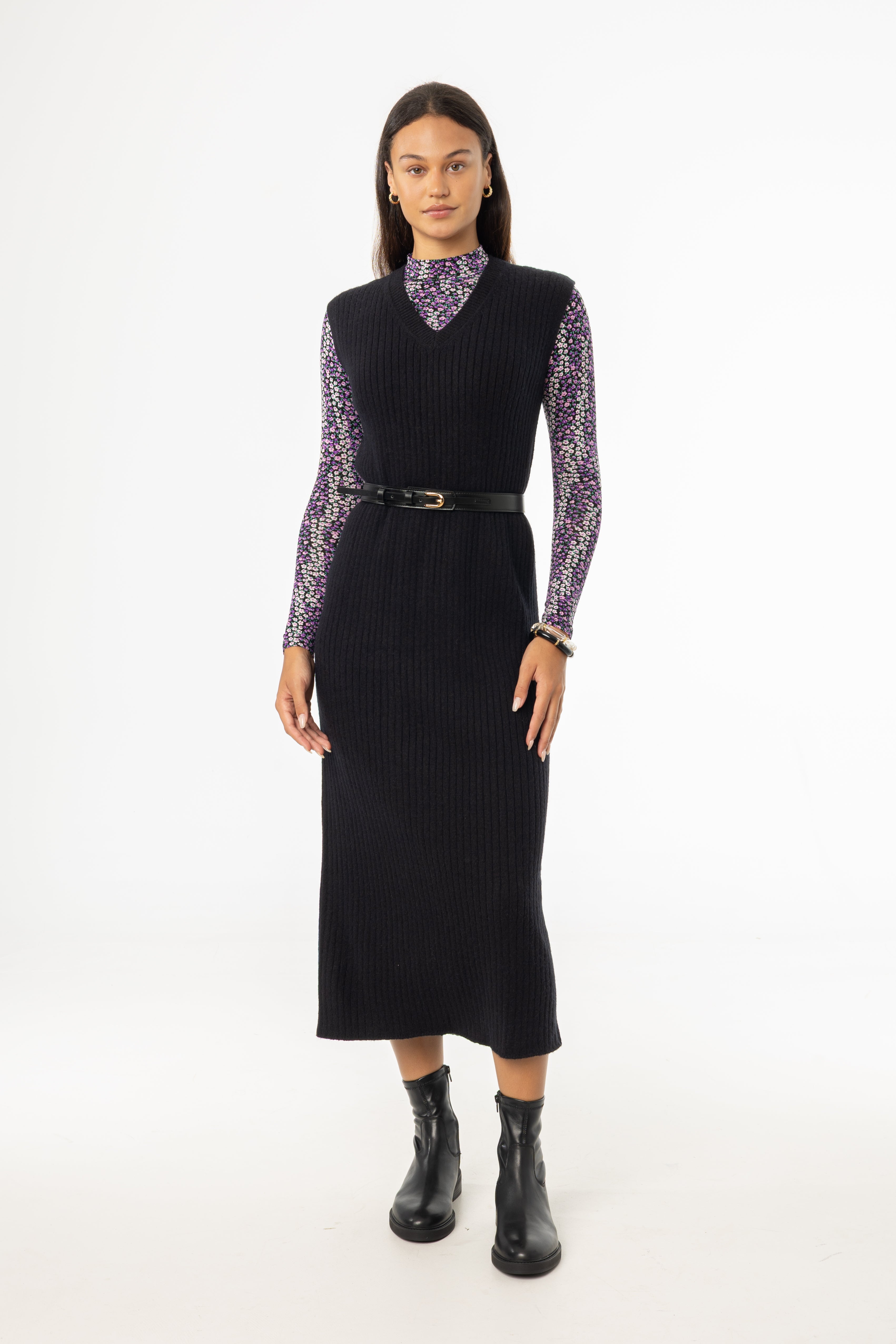 Black V Neck Knit Maxi Dress