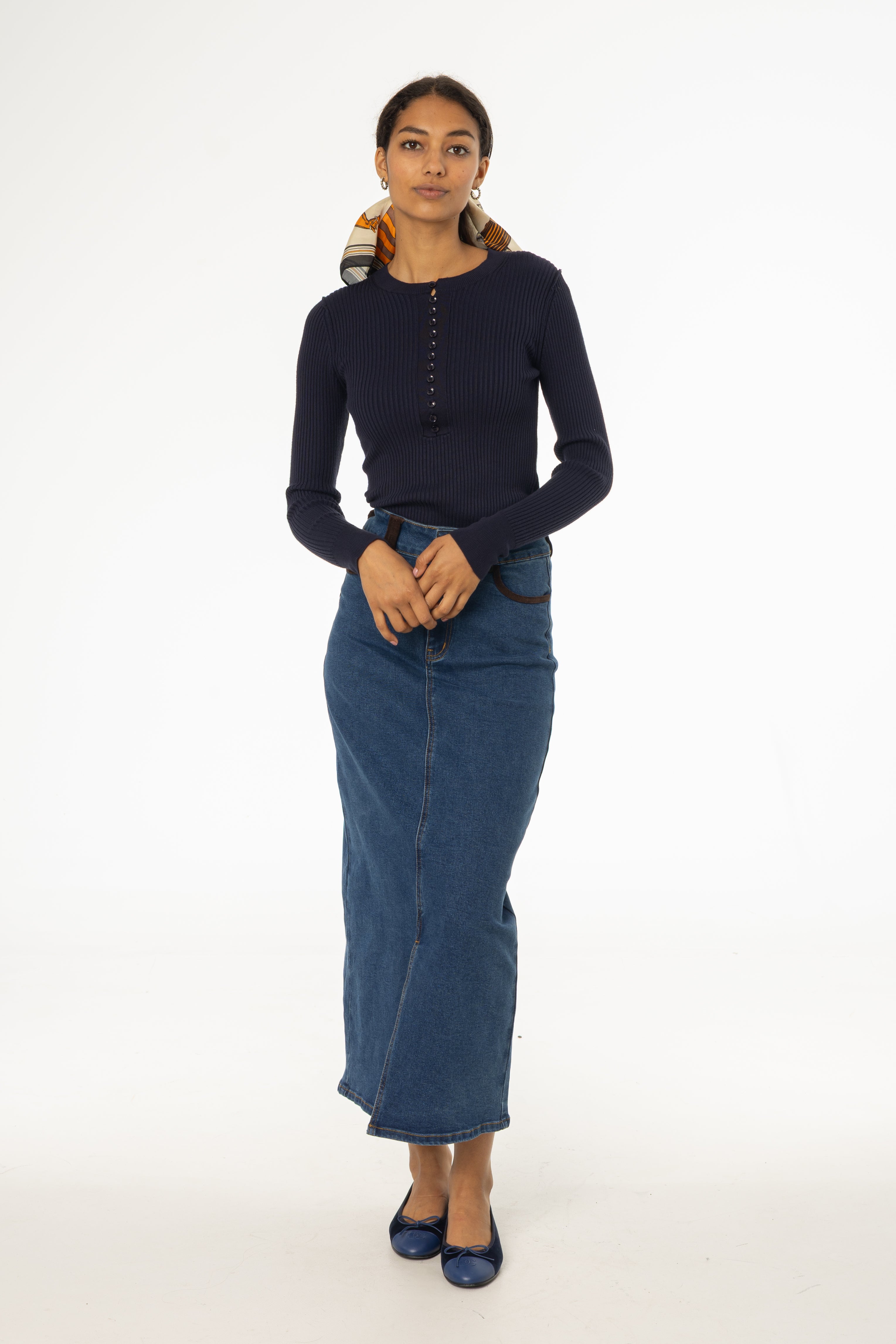 Blue Corduroy Detail Denim Skirt