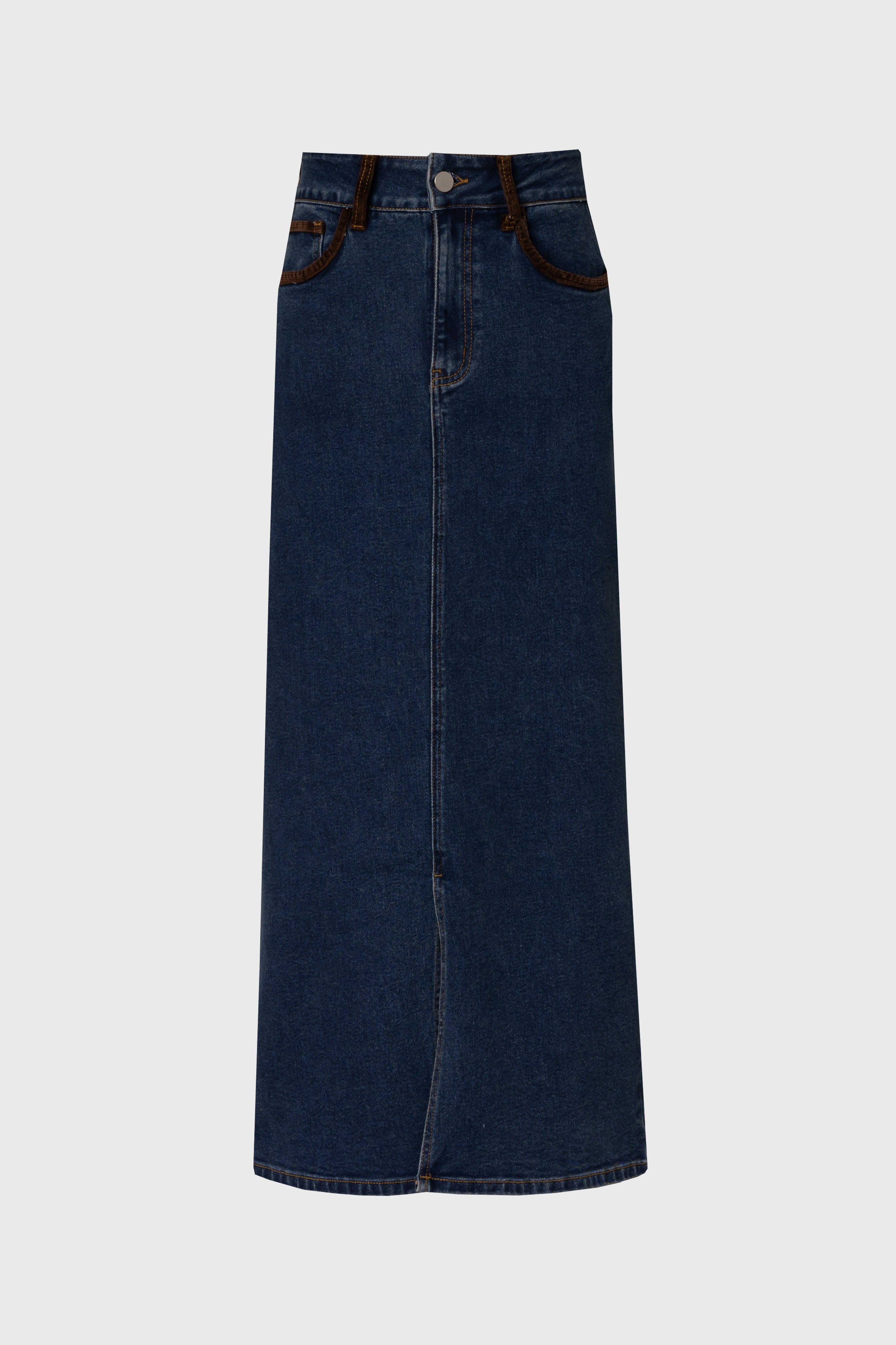 Blue Corduroy Detail Denim Skirt