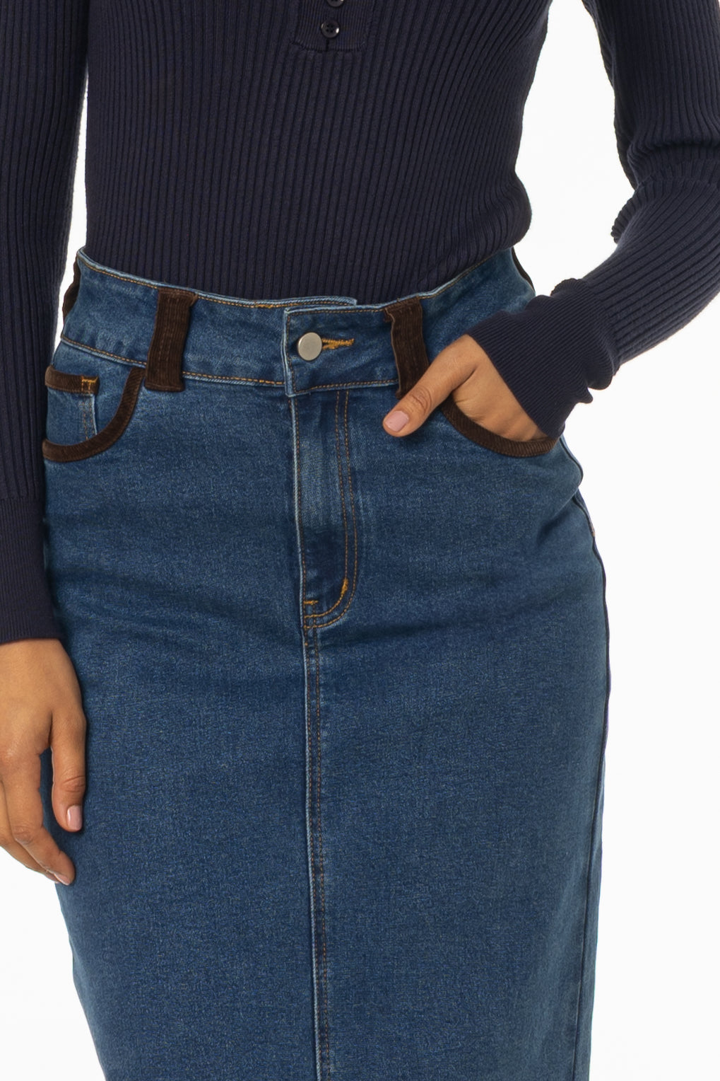 Blue Corduroy Detail Denim Skirt