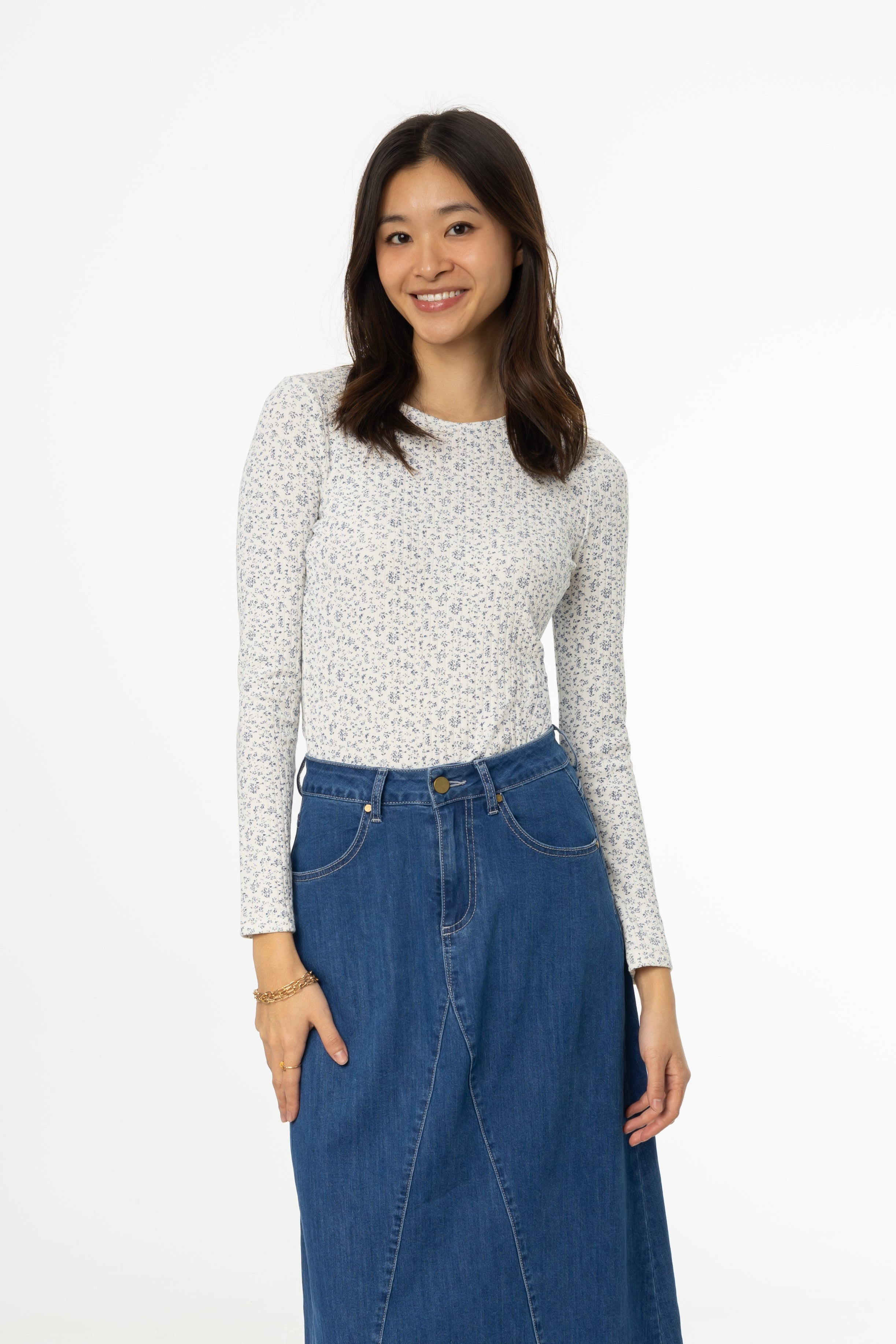 Blue Ditsy Floral Printed Round Neck Tee