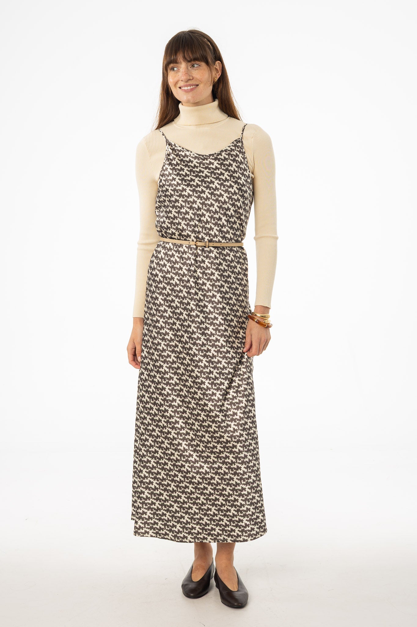 Brown & Cream Houndstooth Printed Slip Dress
