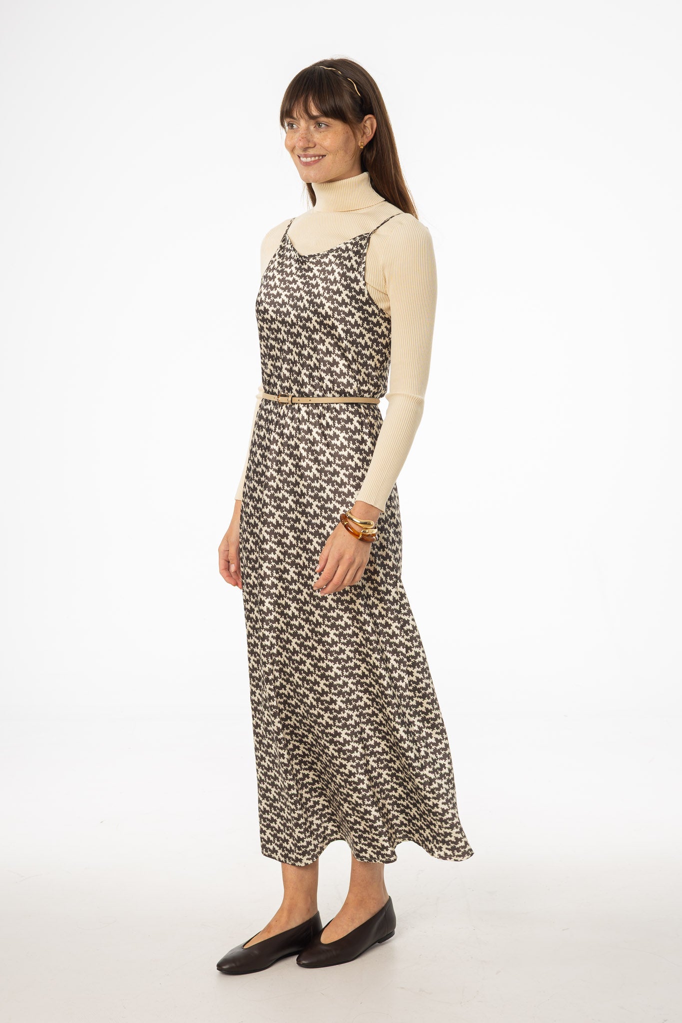 Brown & Cream Houndstooth Printed Slip Dress