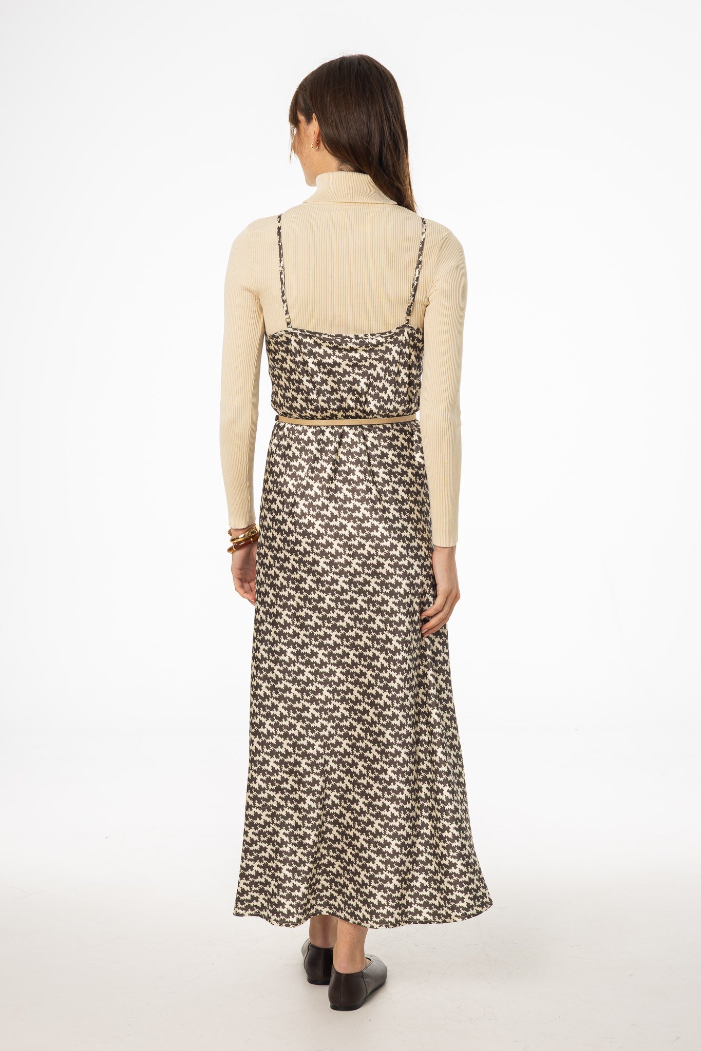 Brown & Cream Houndstooth Printed Slip Dress