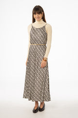 Brown & Cream Houndstooth Printed Slip Dress