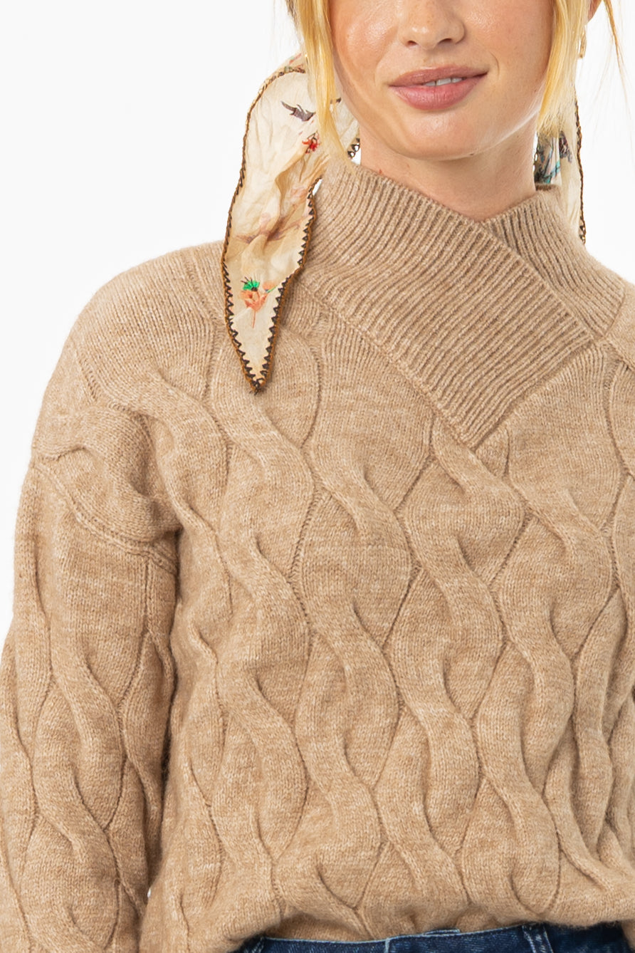 Brown Collar Detail Cable Knit Sweater