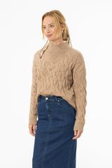 Brown Collar Detail Cable Knit Sweater