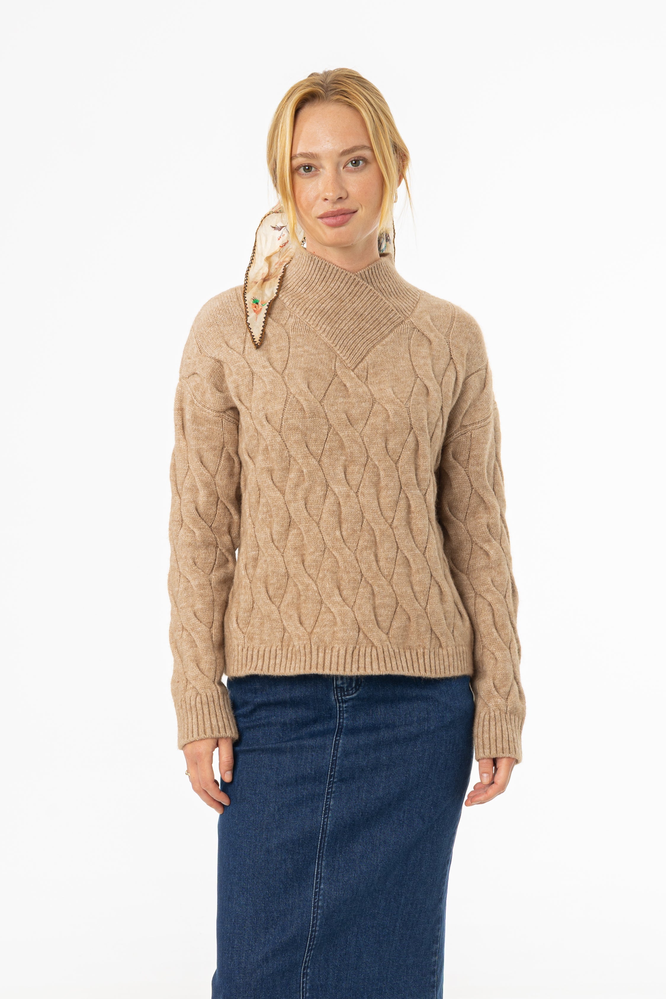 Brown Collar Detail Cable Knit Sweater