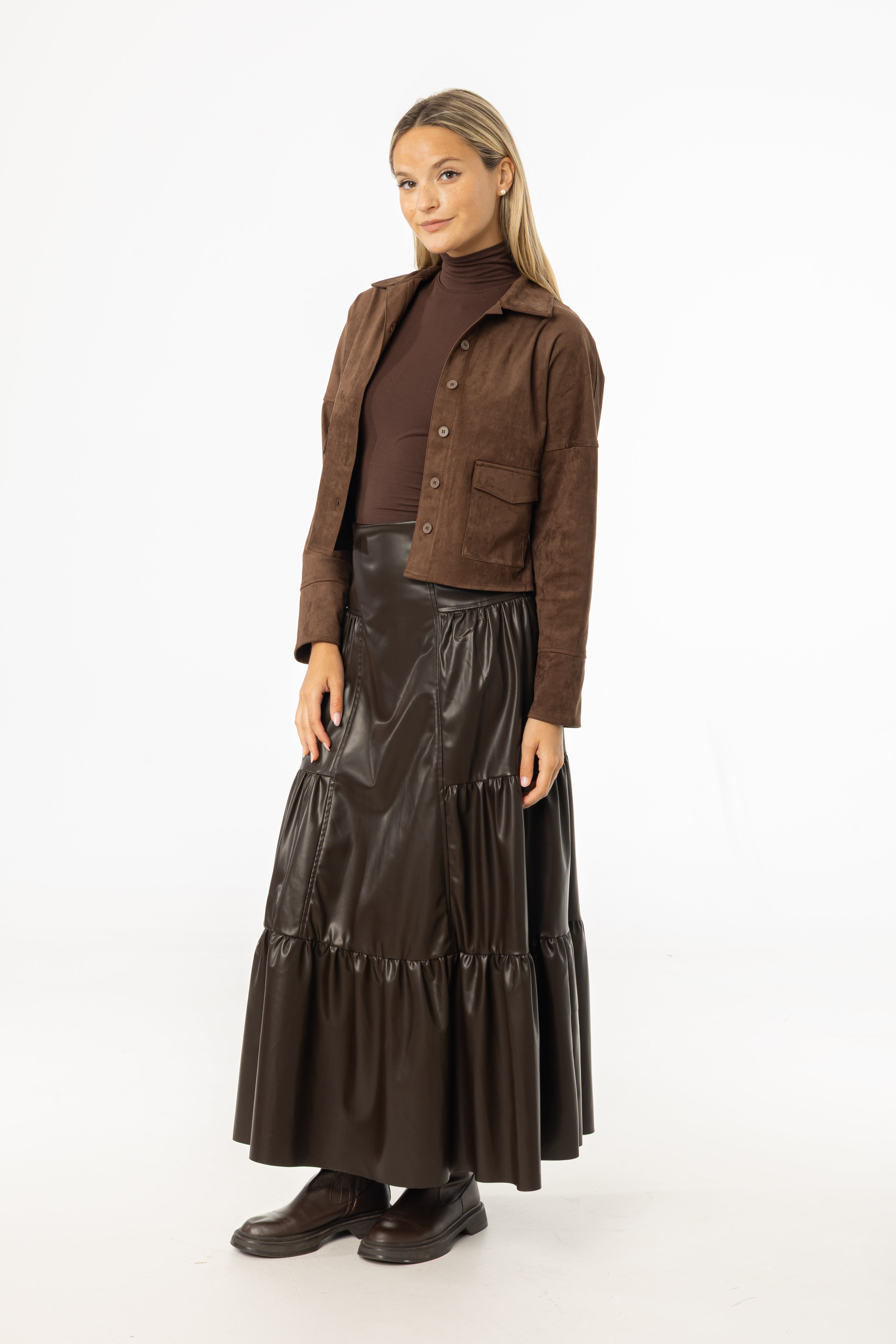 Brown Layered Faux Leather Skirt