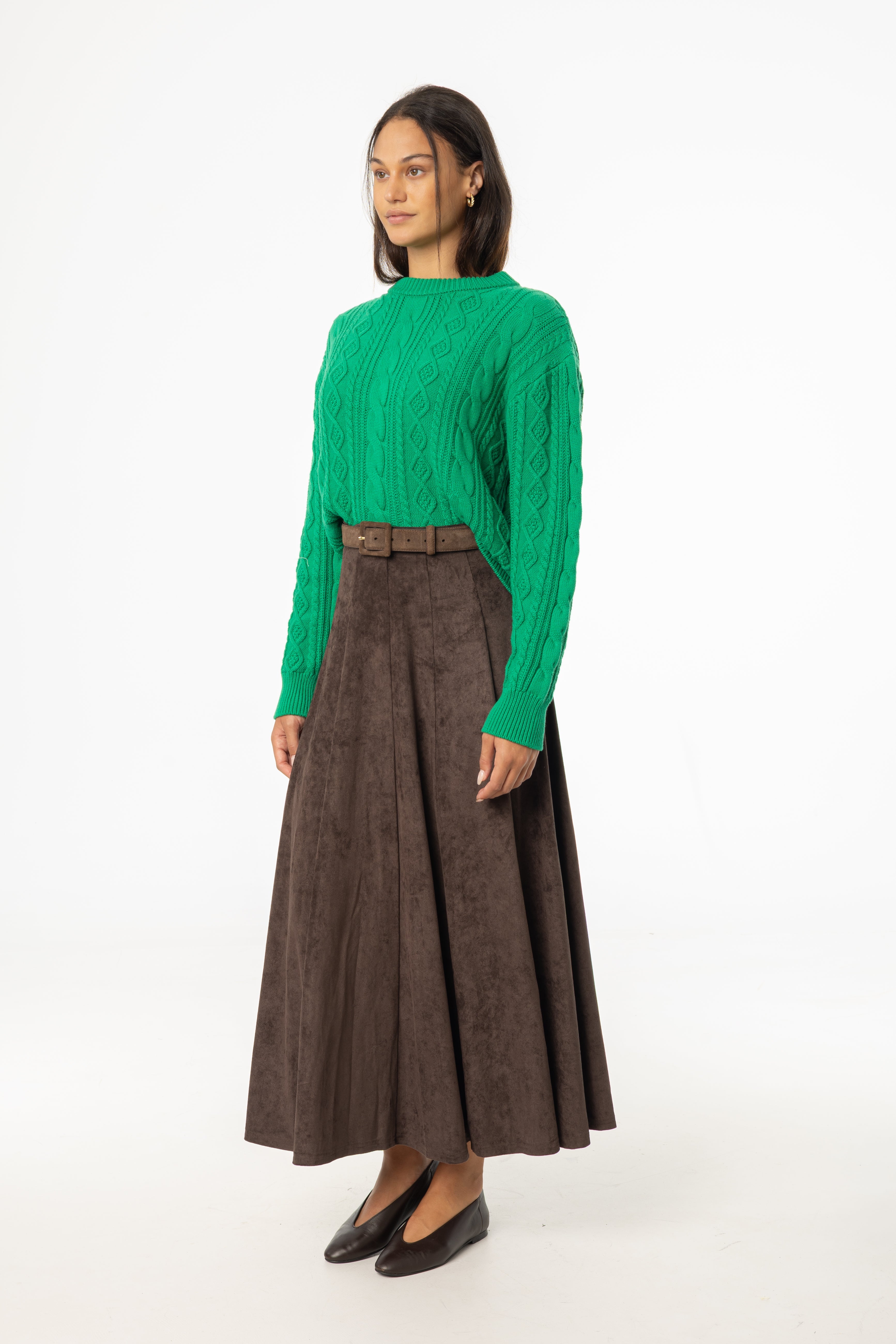 Brown Paneled Microsuede Skirt