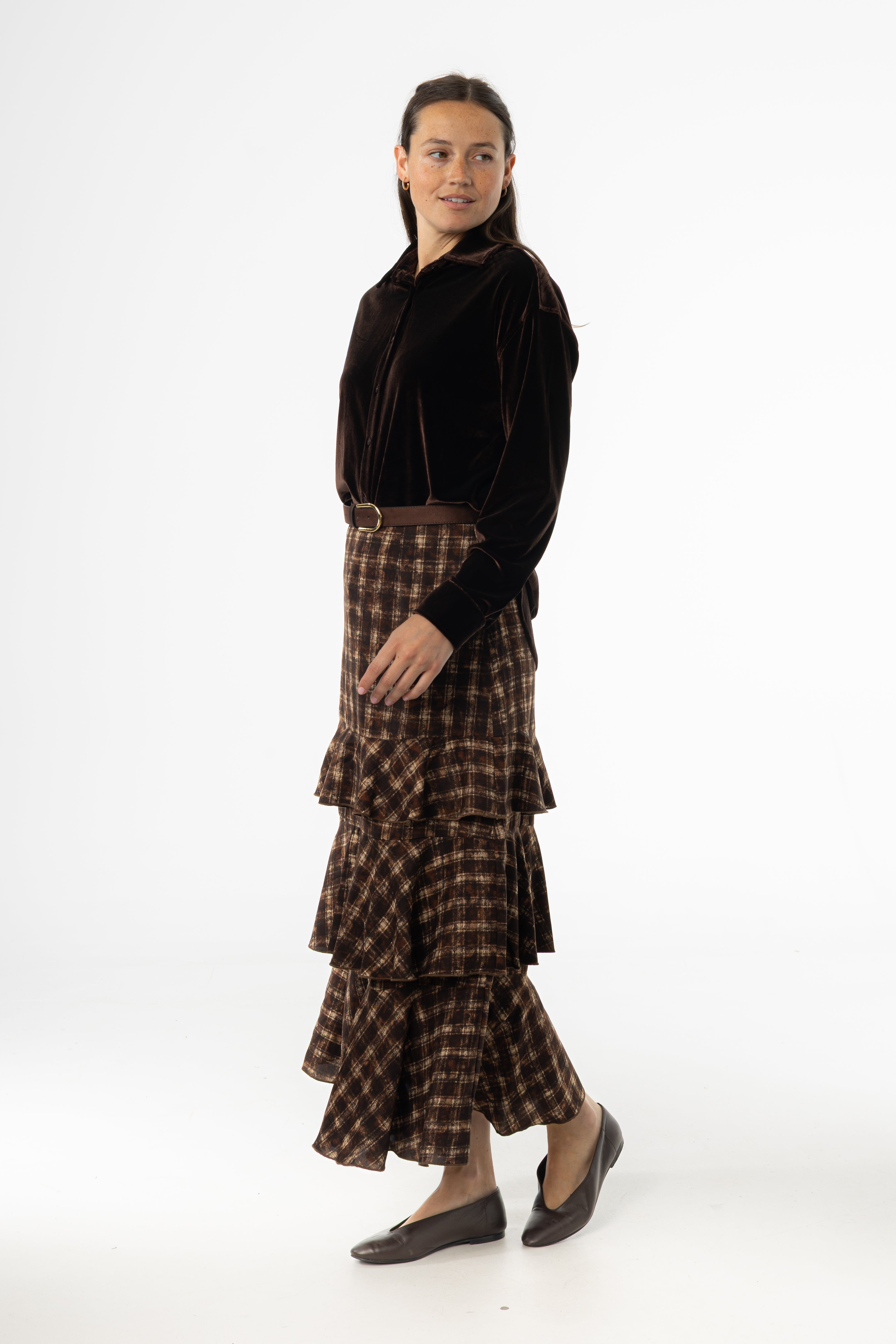 Brown Plaid Ruffle Skirt