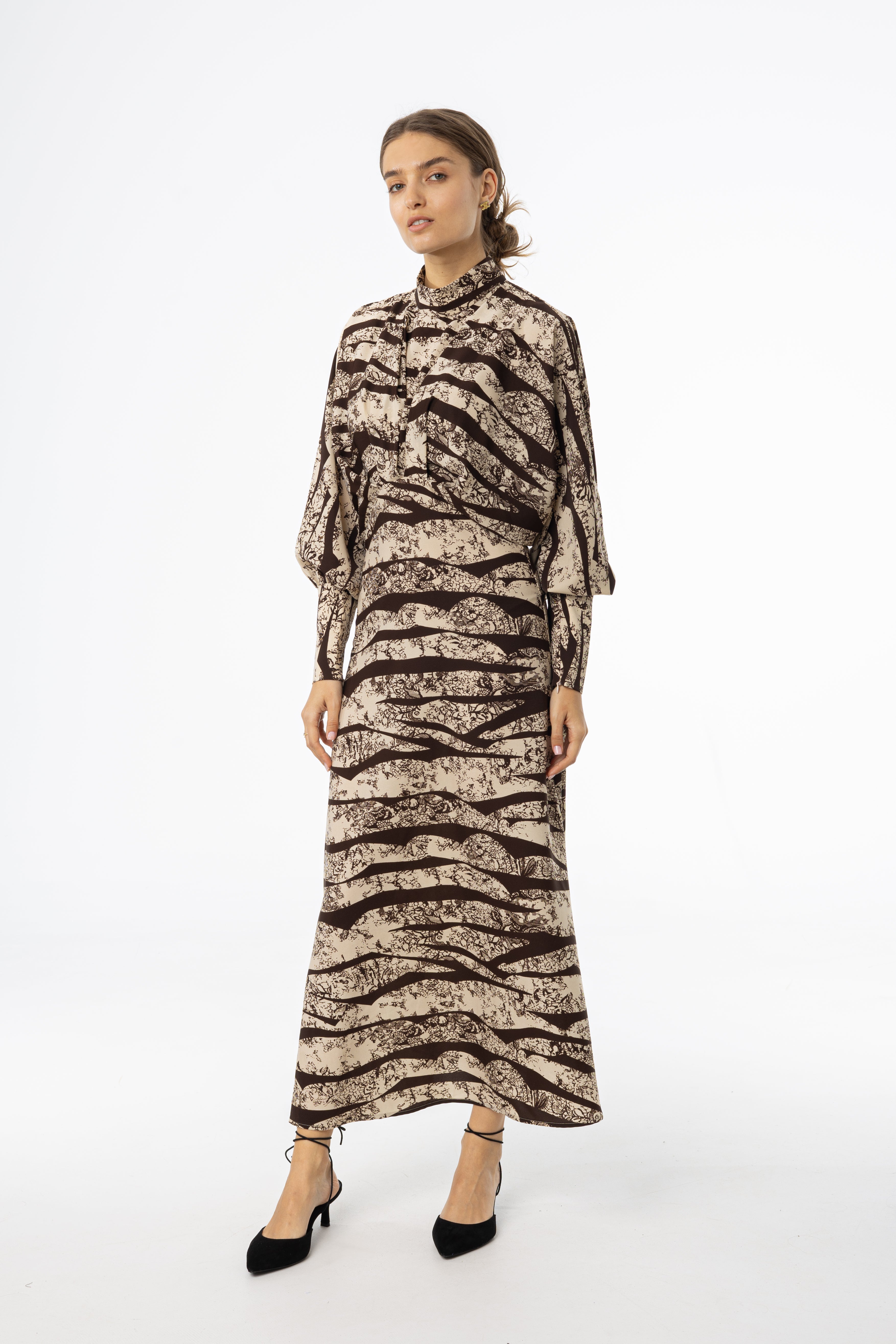 Brown Printed Draped Maxi Dress