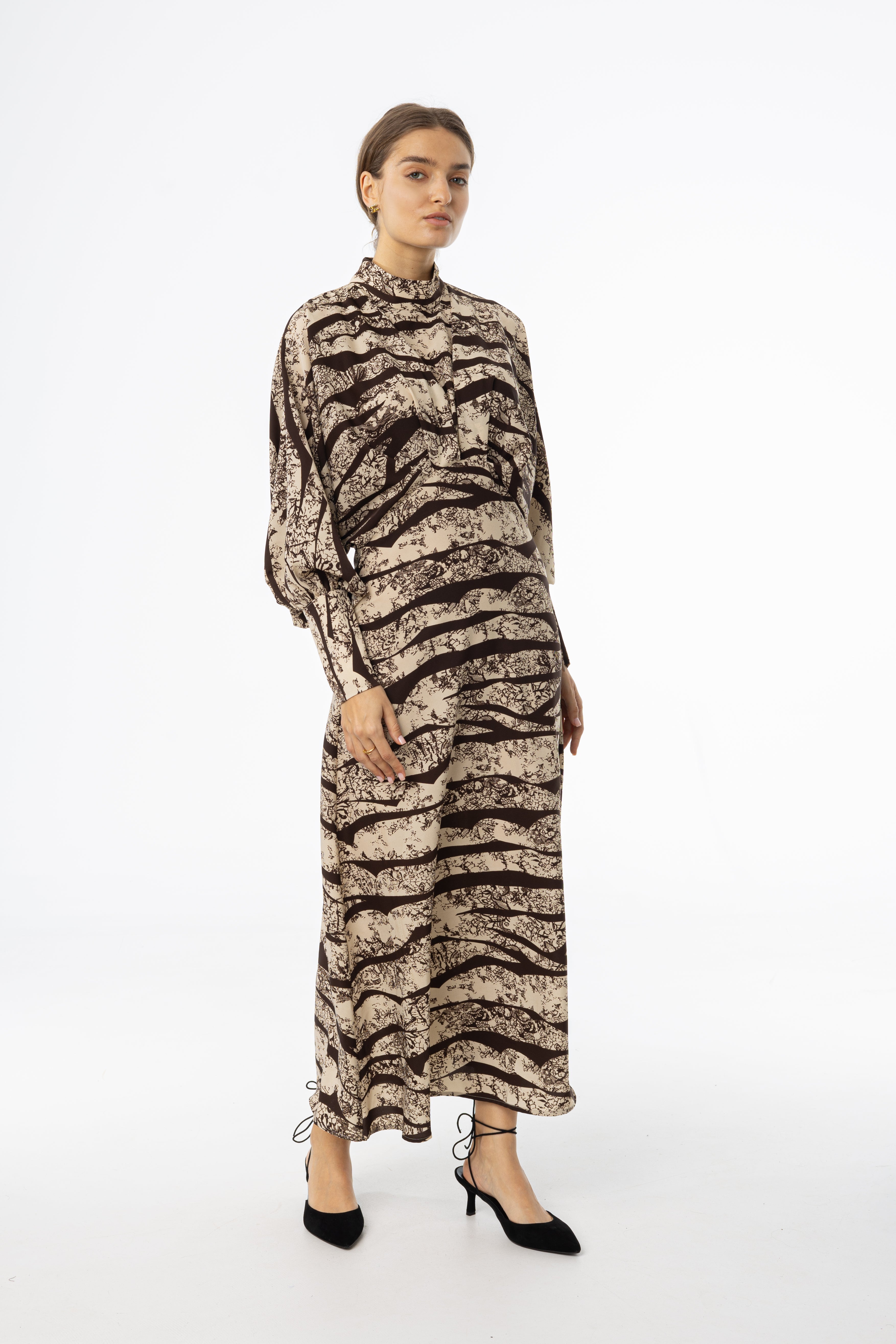 Brown Printed Draped Maxi Dress