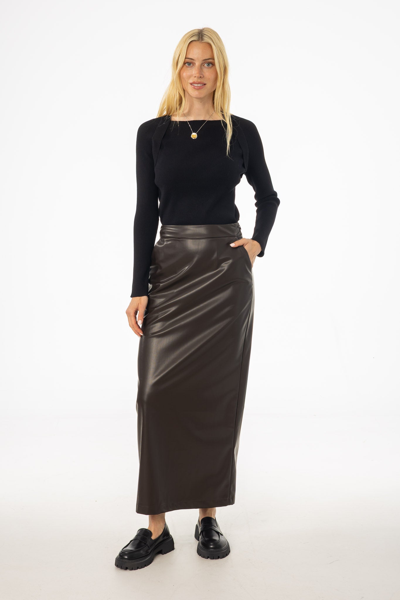 Brown Straight Vegan Leather Skirt