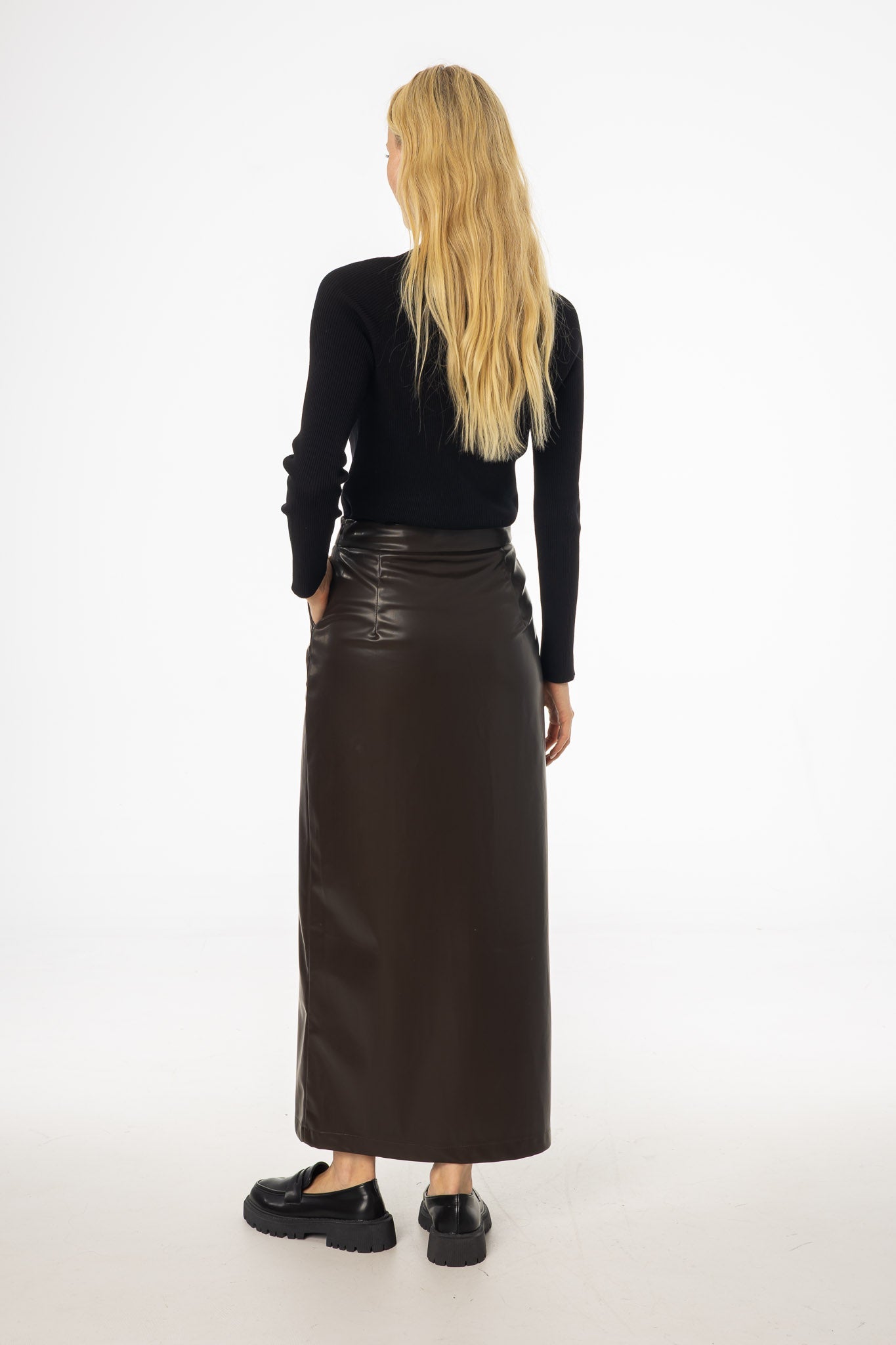 Brown Straight Vegan Leather Skirt