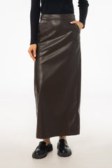 Brown Straight Vegan Leather Skirt