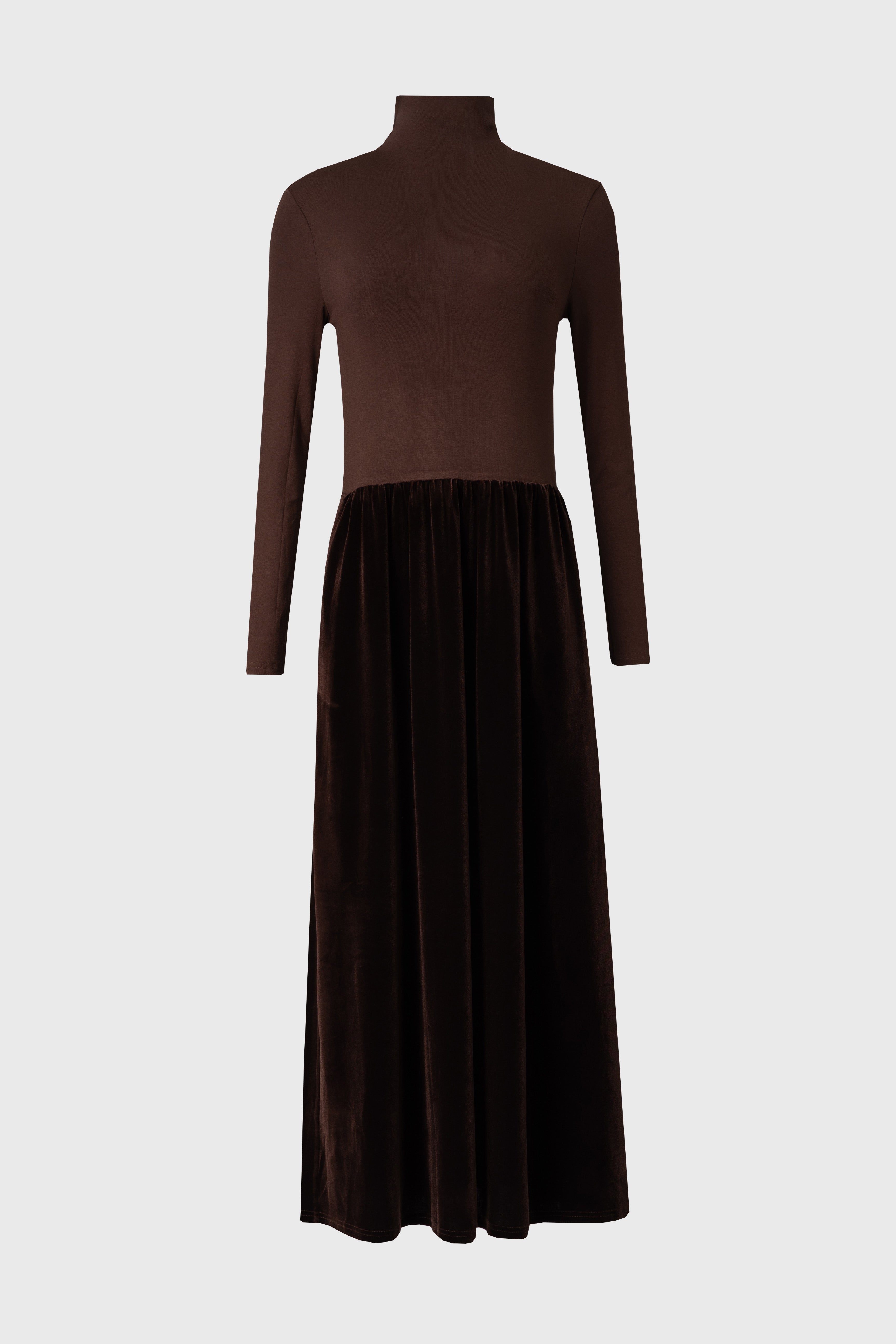 Brown Combo Velour Mock Neck Dress