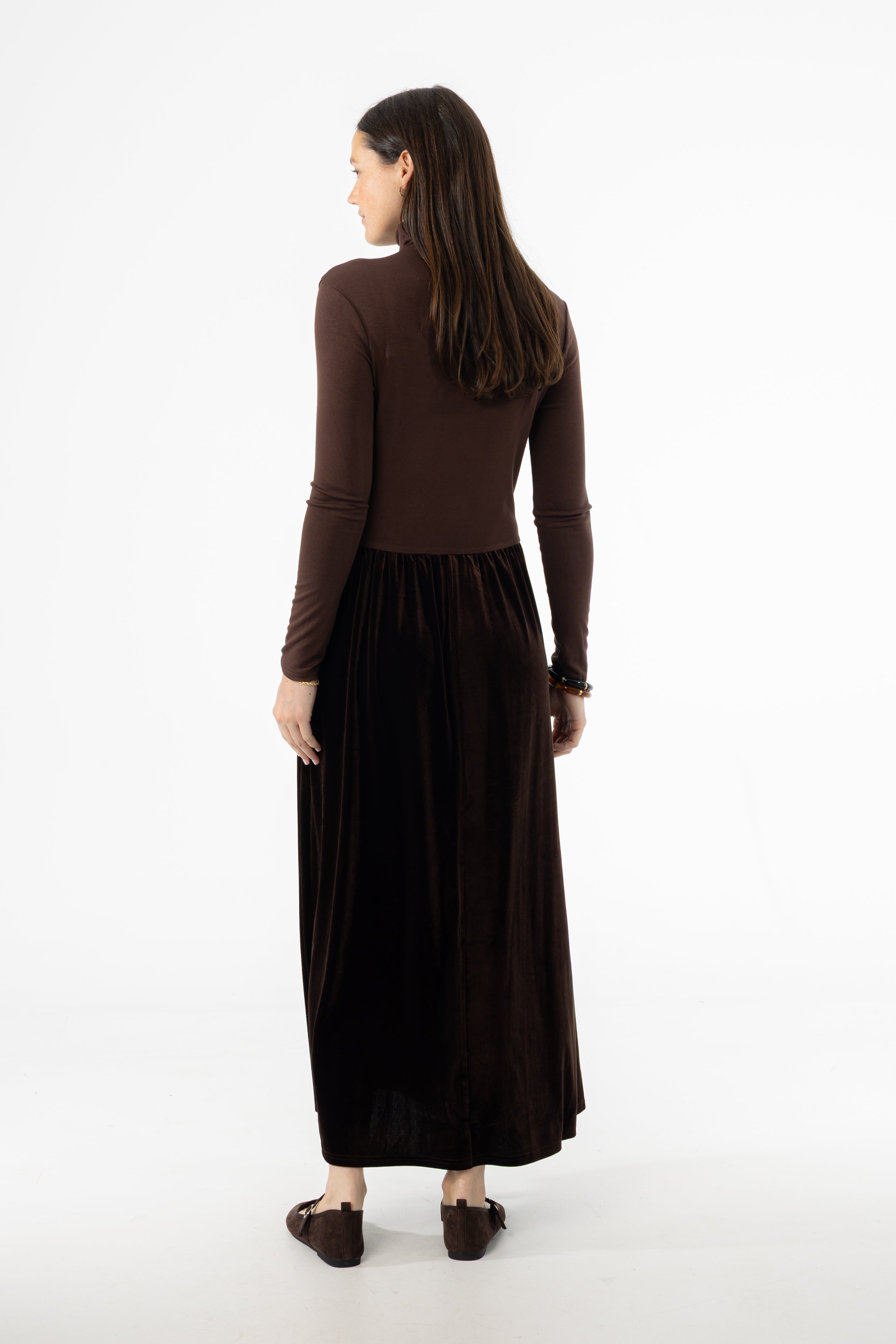 Brown Combo Velour Mock Neck Dress