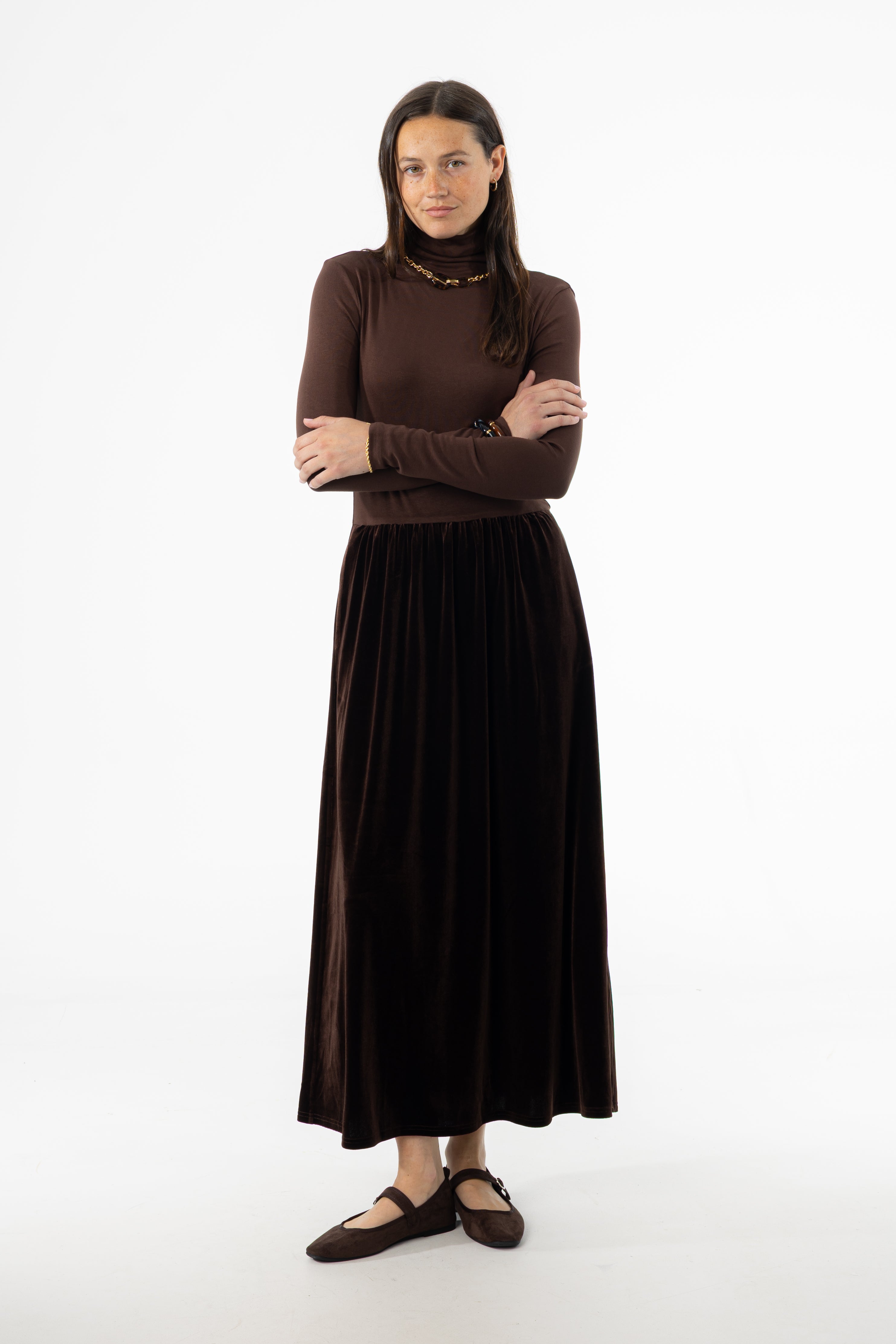 Brown Combo Velour Mock Neck Dress