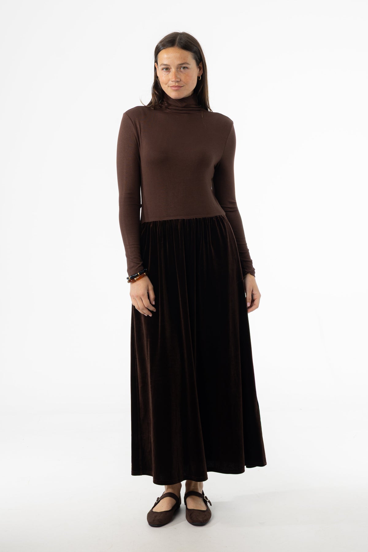 Brown Combo Velour Mock Neck Dress