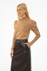 Camel Puff Sleeve Knit Turtleneck Sweater