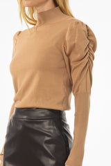 Camel Puff Sleeve Knit Turtleneck Sweater