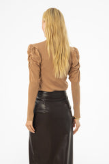 Camel Puff Sleeve Knit Turtleneck Sweater