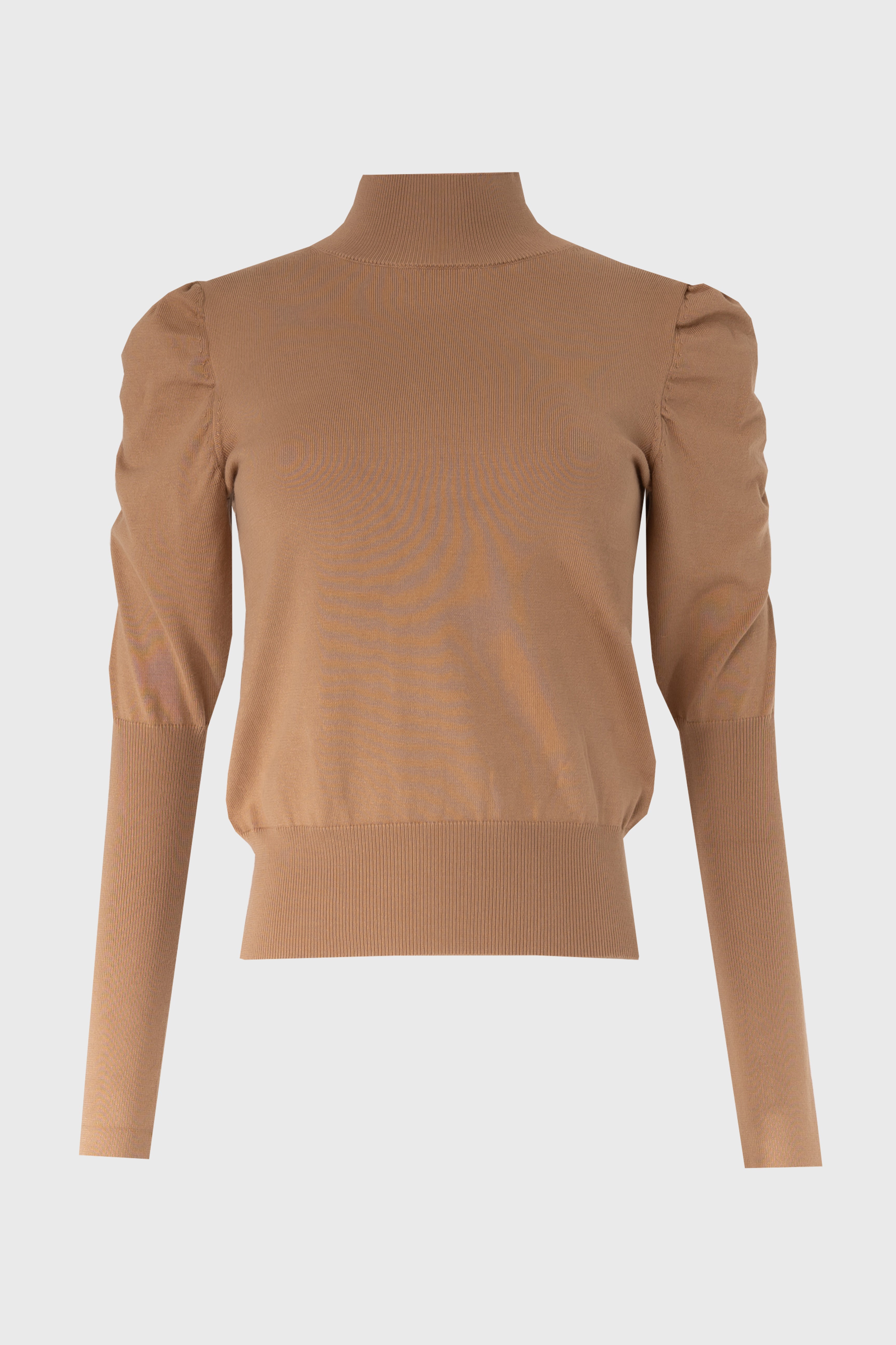 Camel Puff Sleeve Knit Turtleneck Sweater