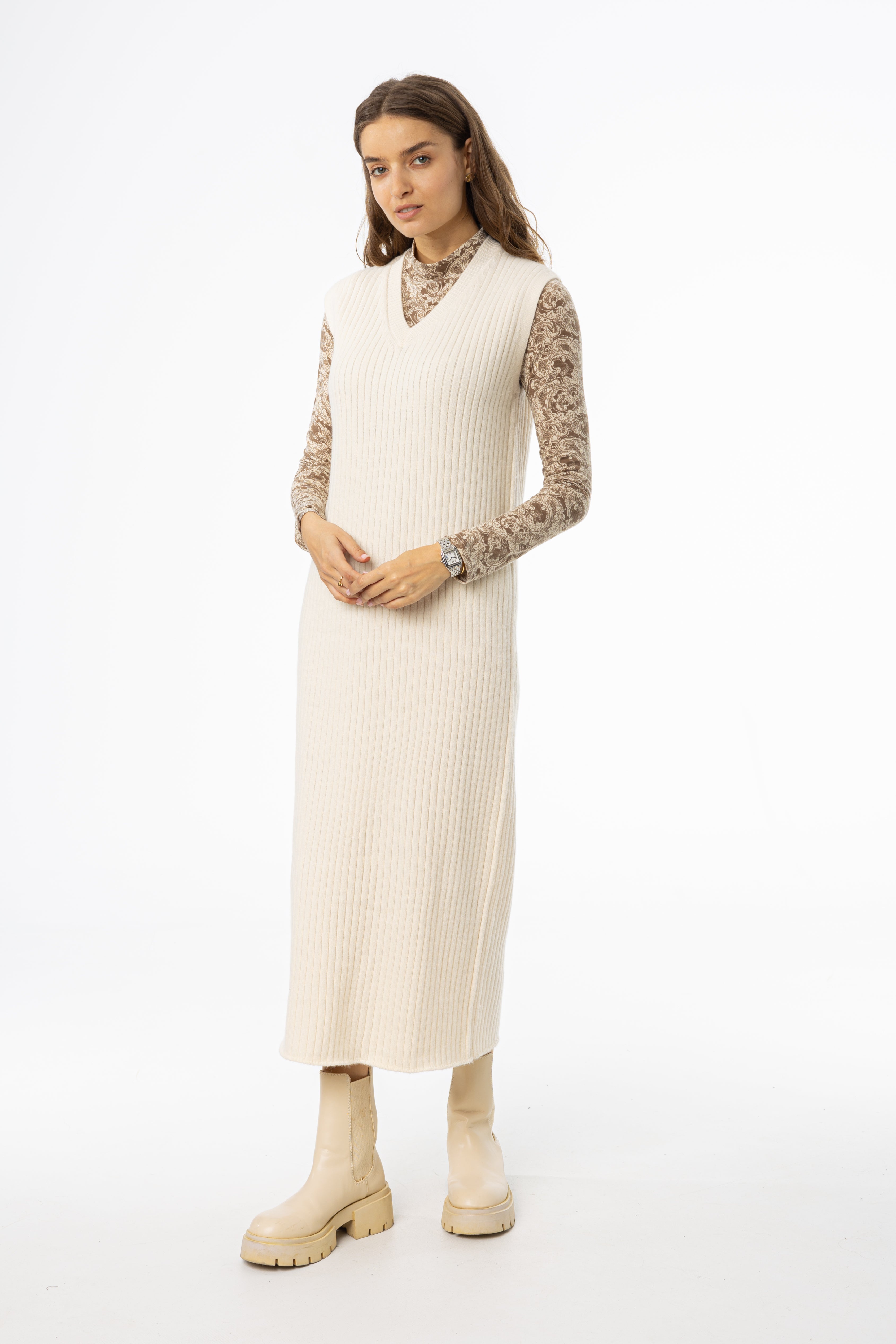 Cream V Neck Knit Maxi Dress