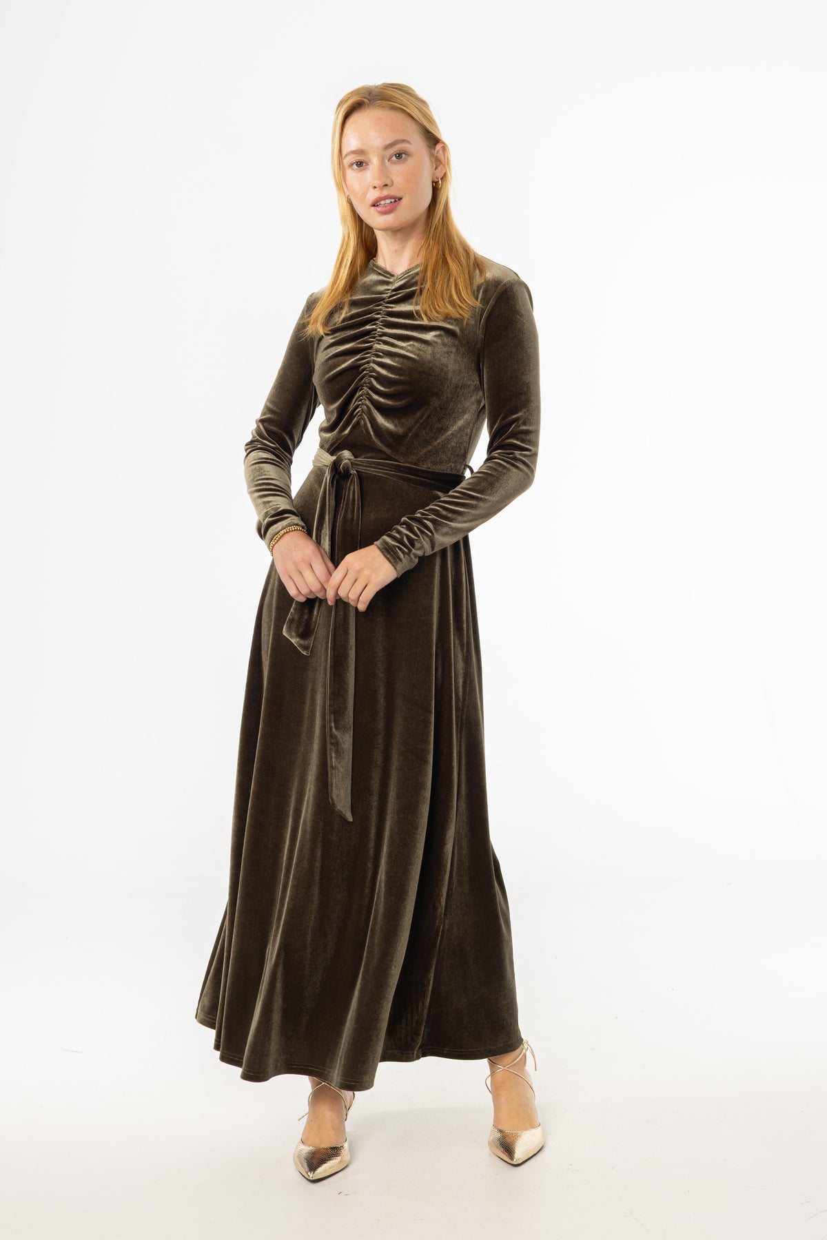 Olive Ruched Velour Maxi Dress