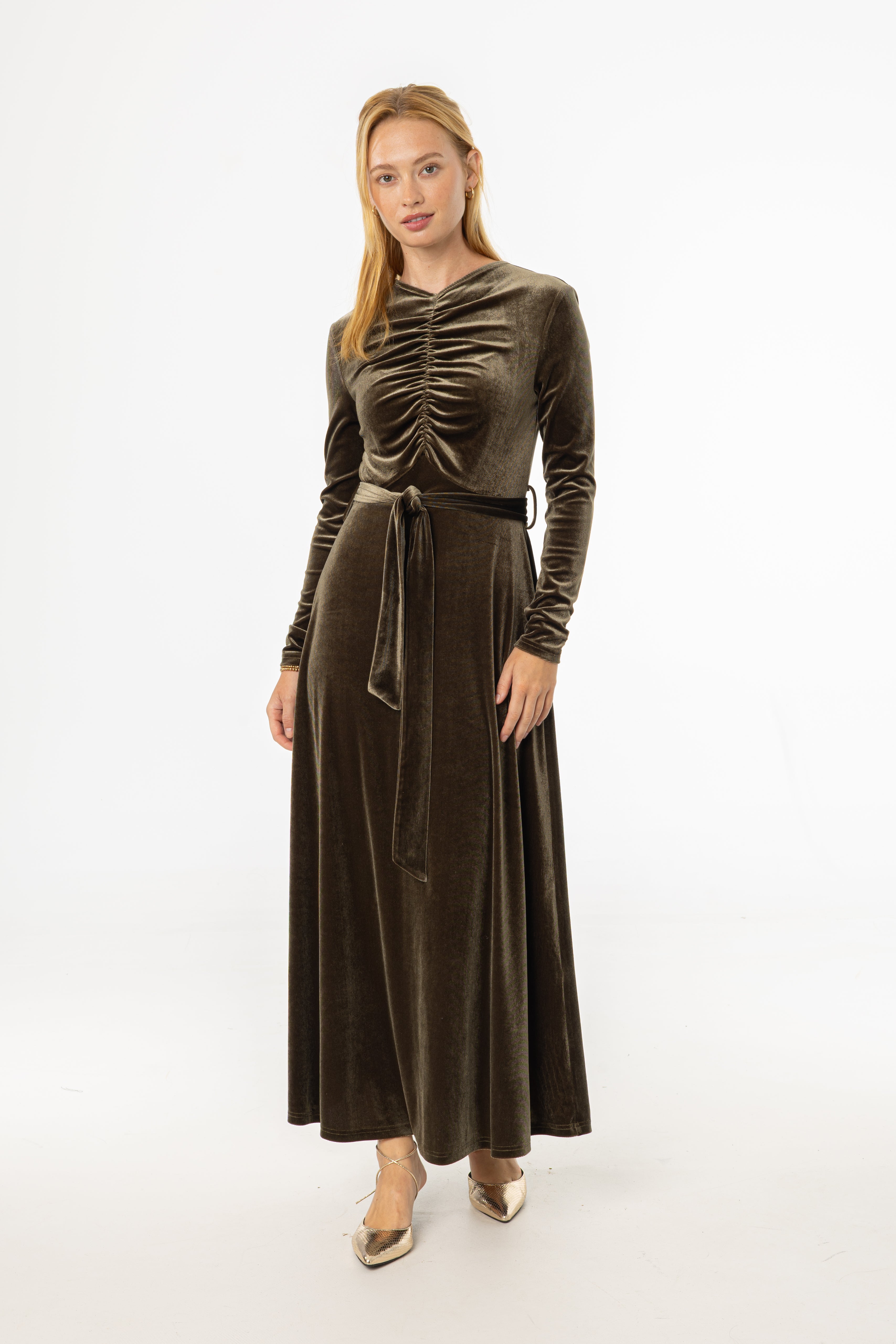 Olive Ruched Velour Maxi Dress