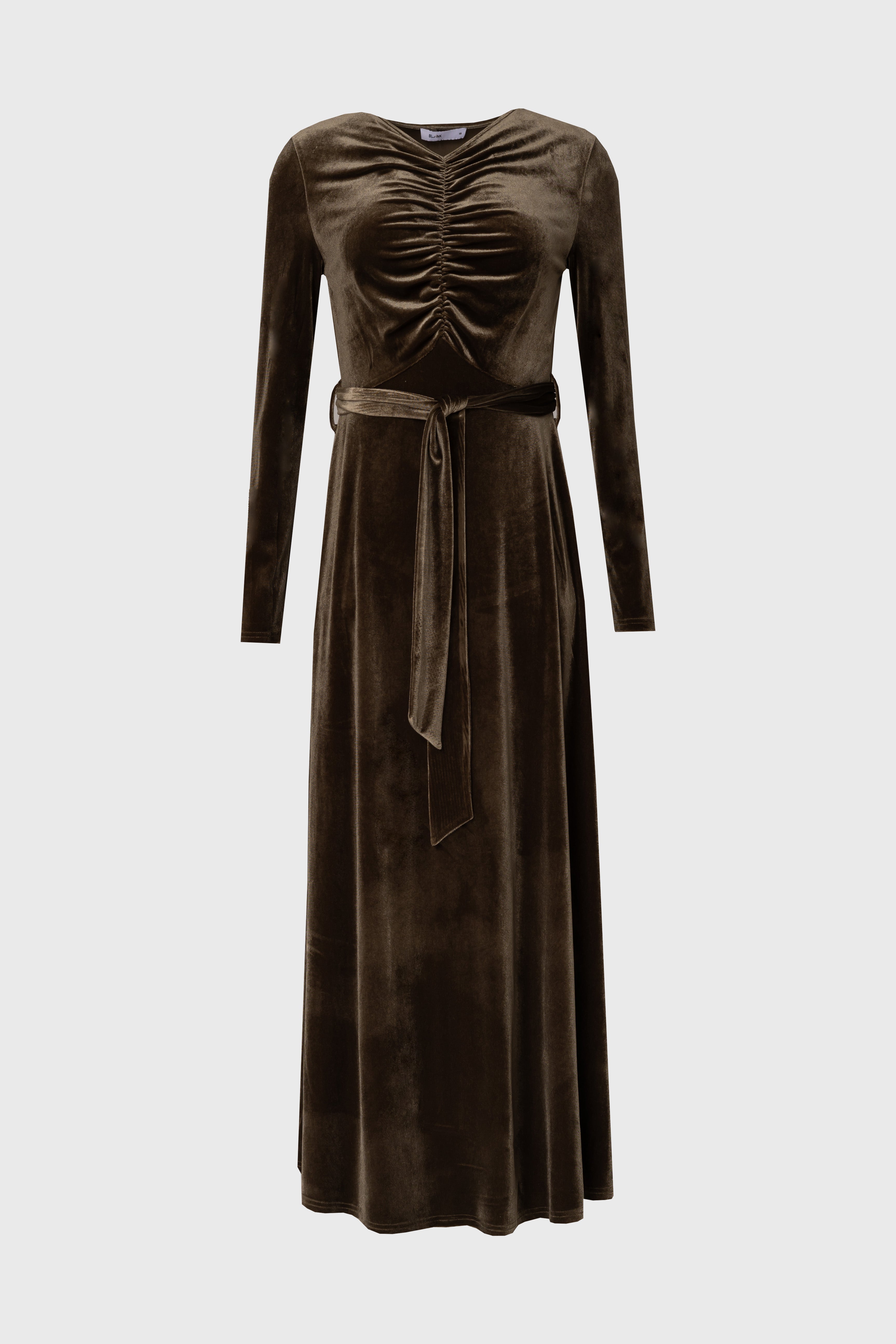 Olive Ruched Velour Maxi Dress