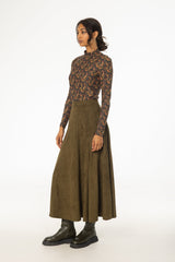 Green Paneled Microsuede Skirt